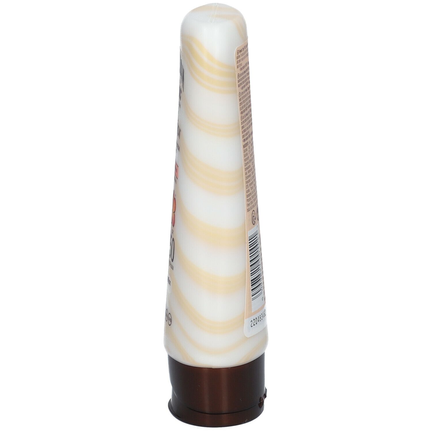 Tube de lotion solaire, vue latérale. Motif rayé blanc et beige. Bouchon marron. Texte sur le tube.