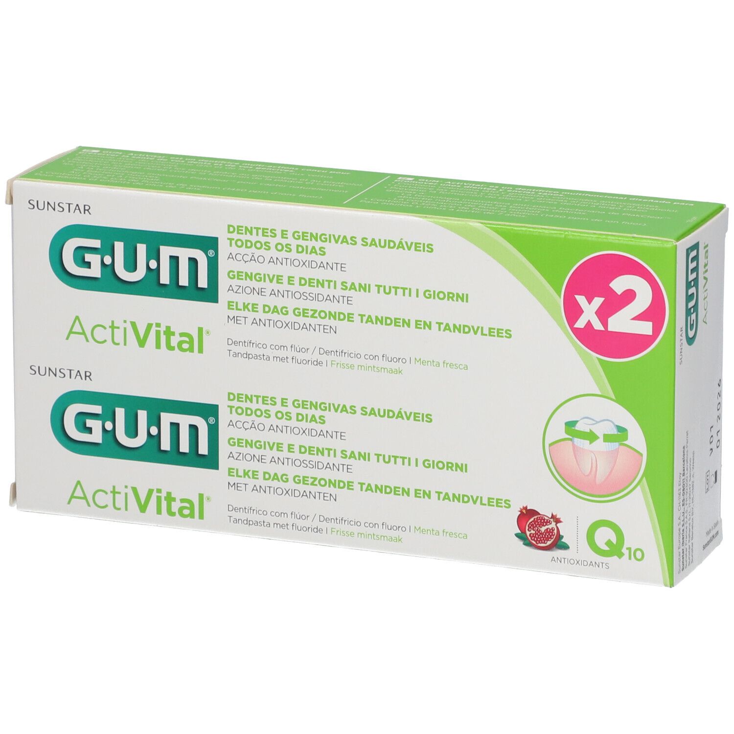 Boîte de dentifrice GUM Activital. Emballage vert et blanc avec logo et texte. Contient Q10.