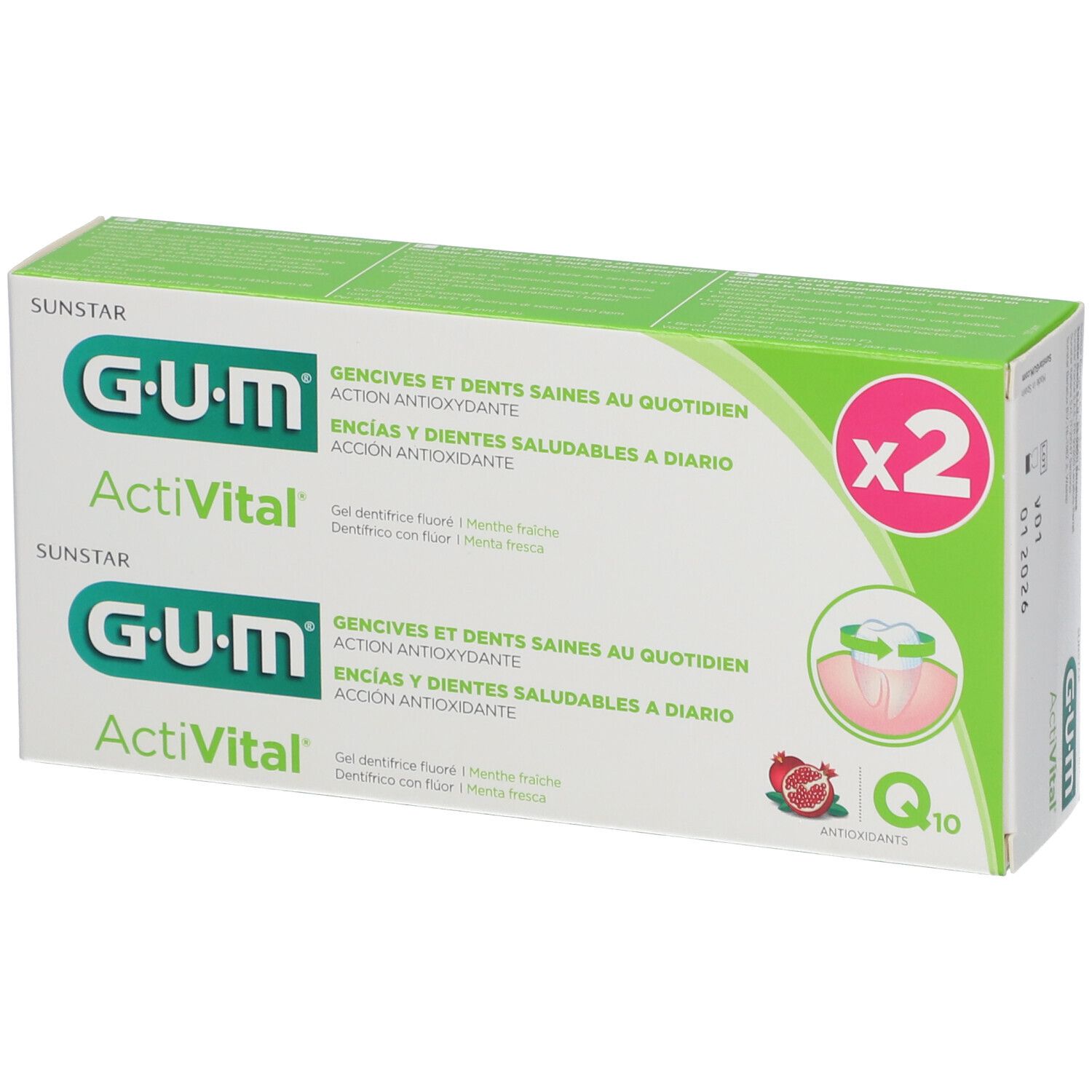Boîte de dentifrice GUM Activital. Emballage vert et blanc avec logo et texte. Contient Q10.