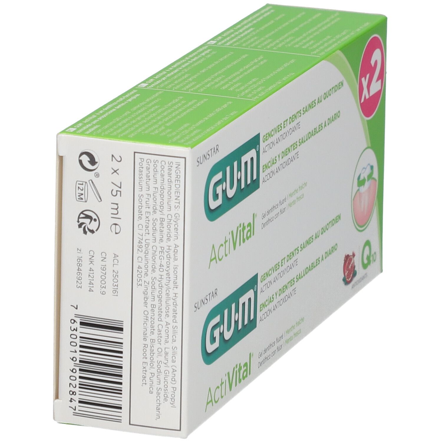 Dos de la boîte de dentifrice GUM Activital. Ingrédients et informations. Emballage vert et blanc.
