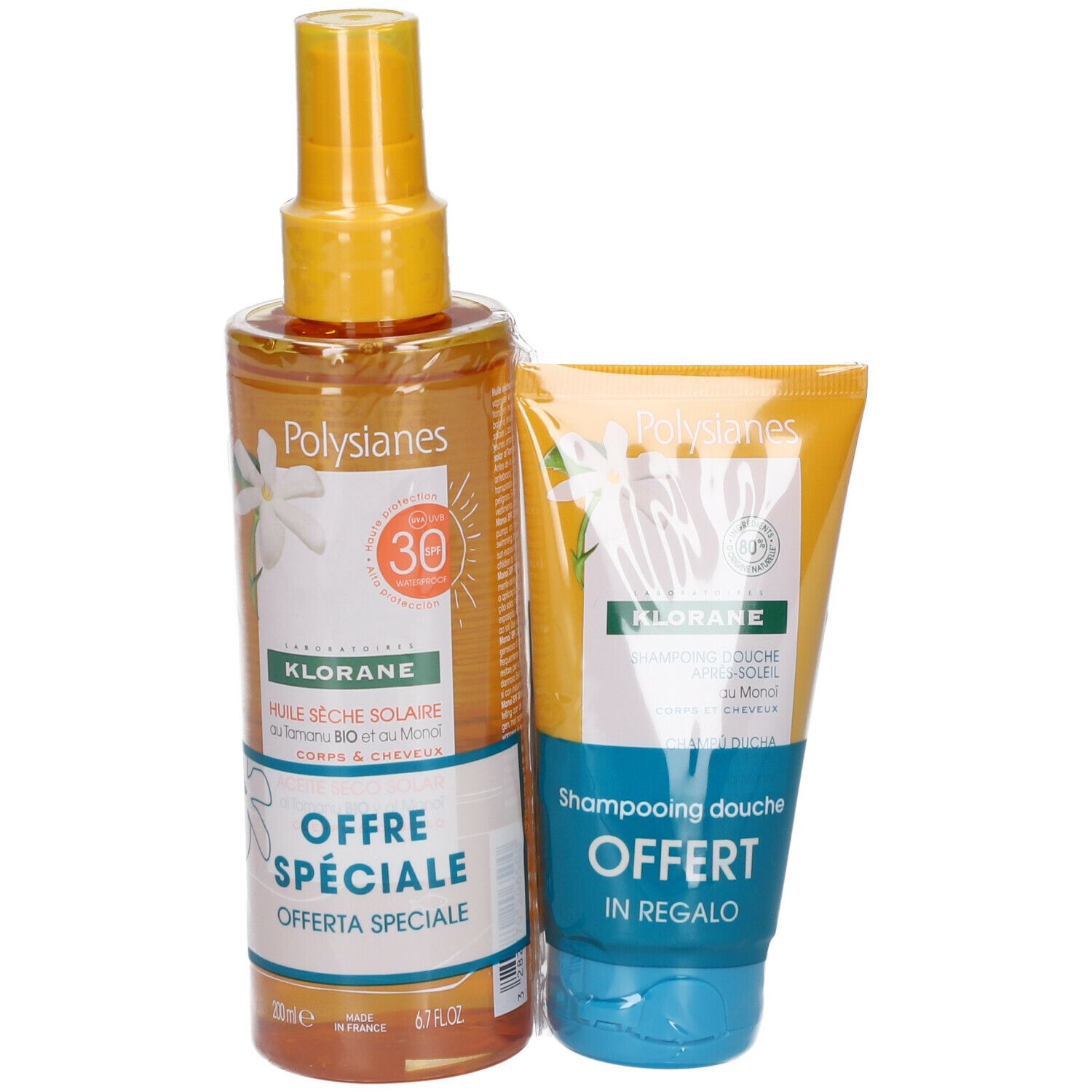 KLORANE Huile Sèche Solaire SPF50 Corps/Cheveux + Shampoing Douche Après-soleil au Monoï et Tamanu BIO