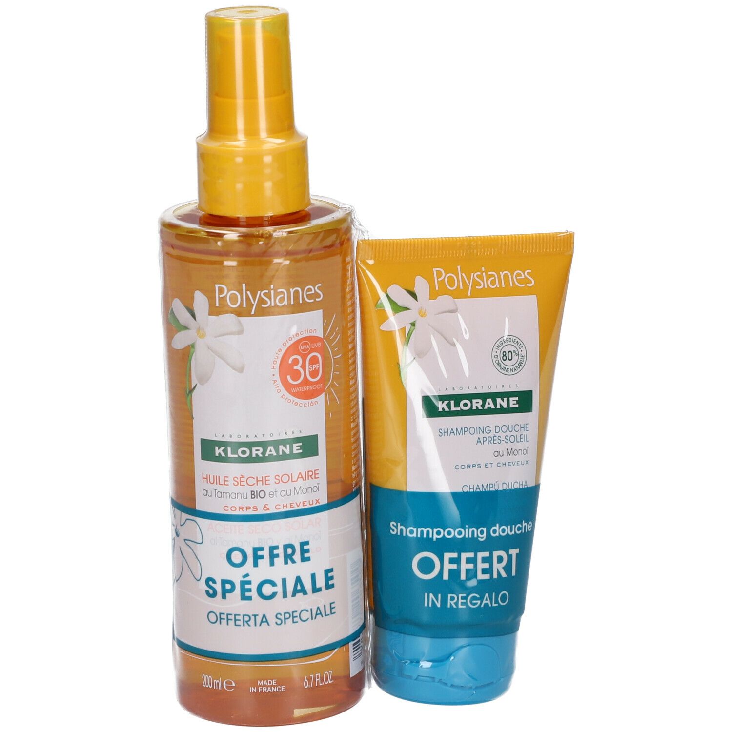 KLORANE Huile Sèche Solaire SPF50 Corps/Cheveux + Shampoing Douche Après-soleil au Monoï et Tamanu BIO