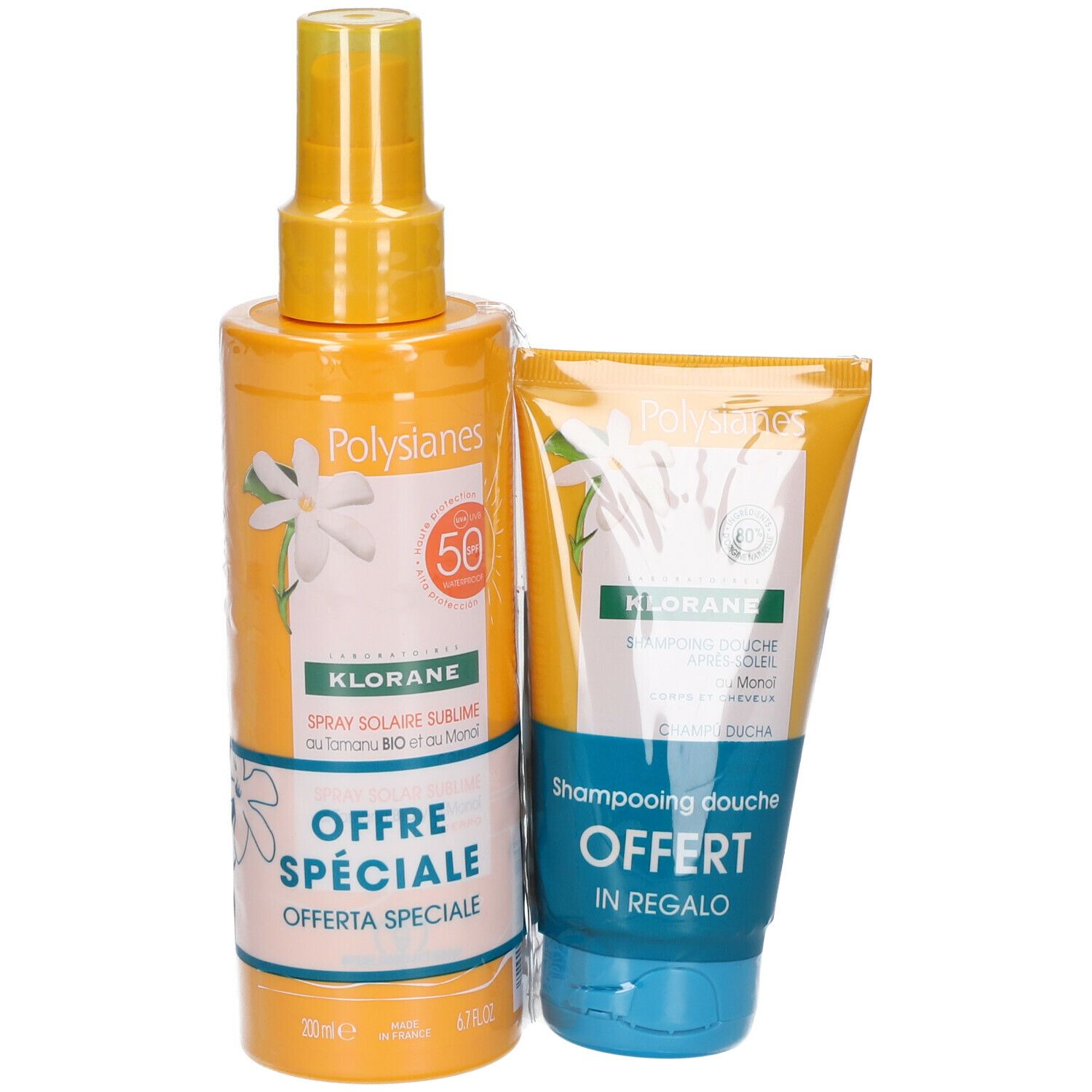 Spray solaire et shampooing douche. Flacons et tubes jaunes. Texte : "KLORANE", "OFFRE SPÉCIALE", "SPF50".