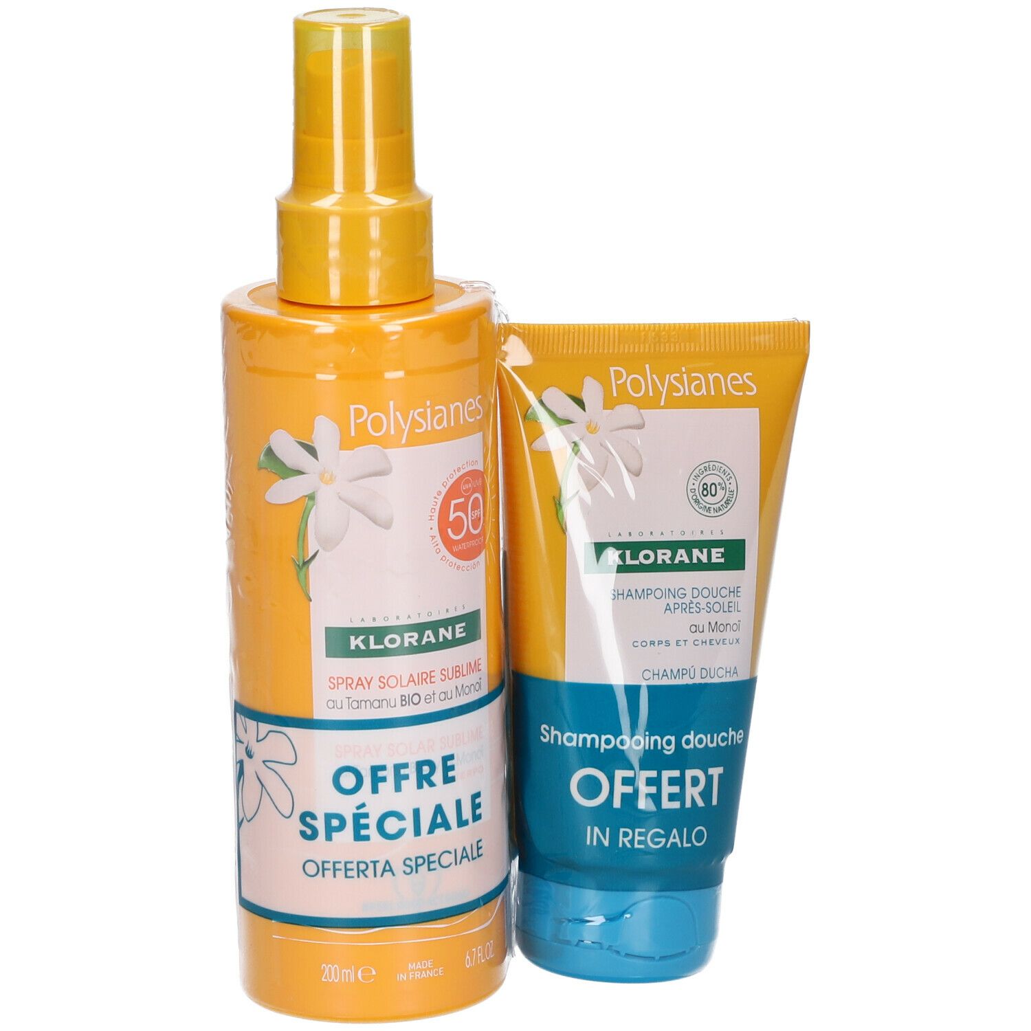 Spray solaire et shampooing douche. Flacons et tubes jaunes. Texte : "KLORANE", "OFFRE SPÉCIALE", "SPF50".