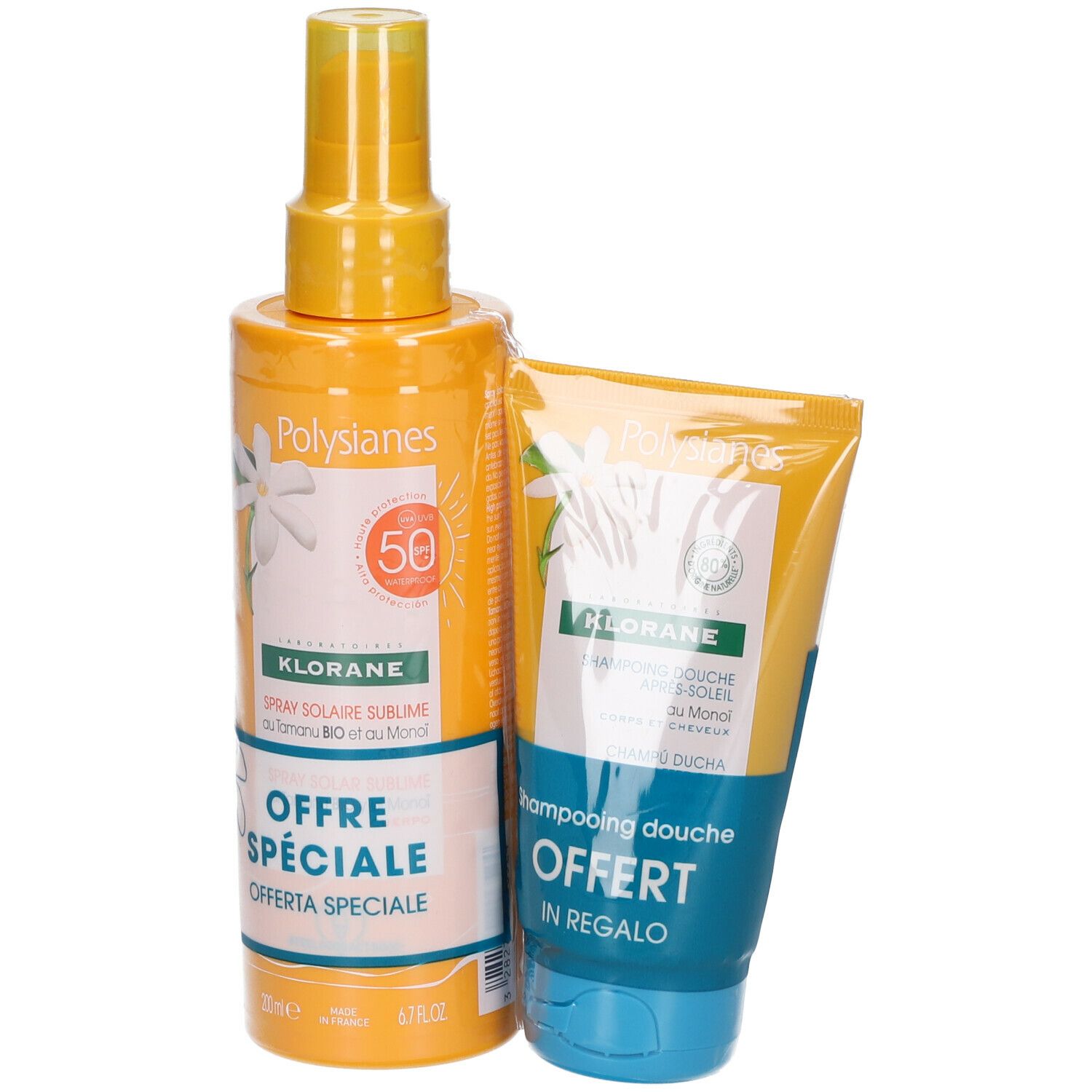 Spray solaire et shampooing douche. Flacons et tubes jaunes. Texte : "KLORANE", "OFFRE SPÉCIALE", "SPF50".