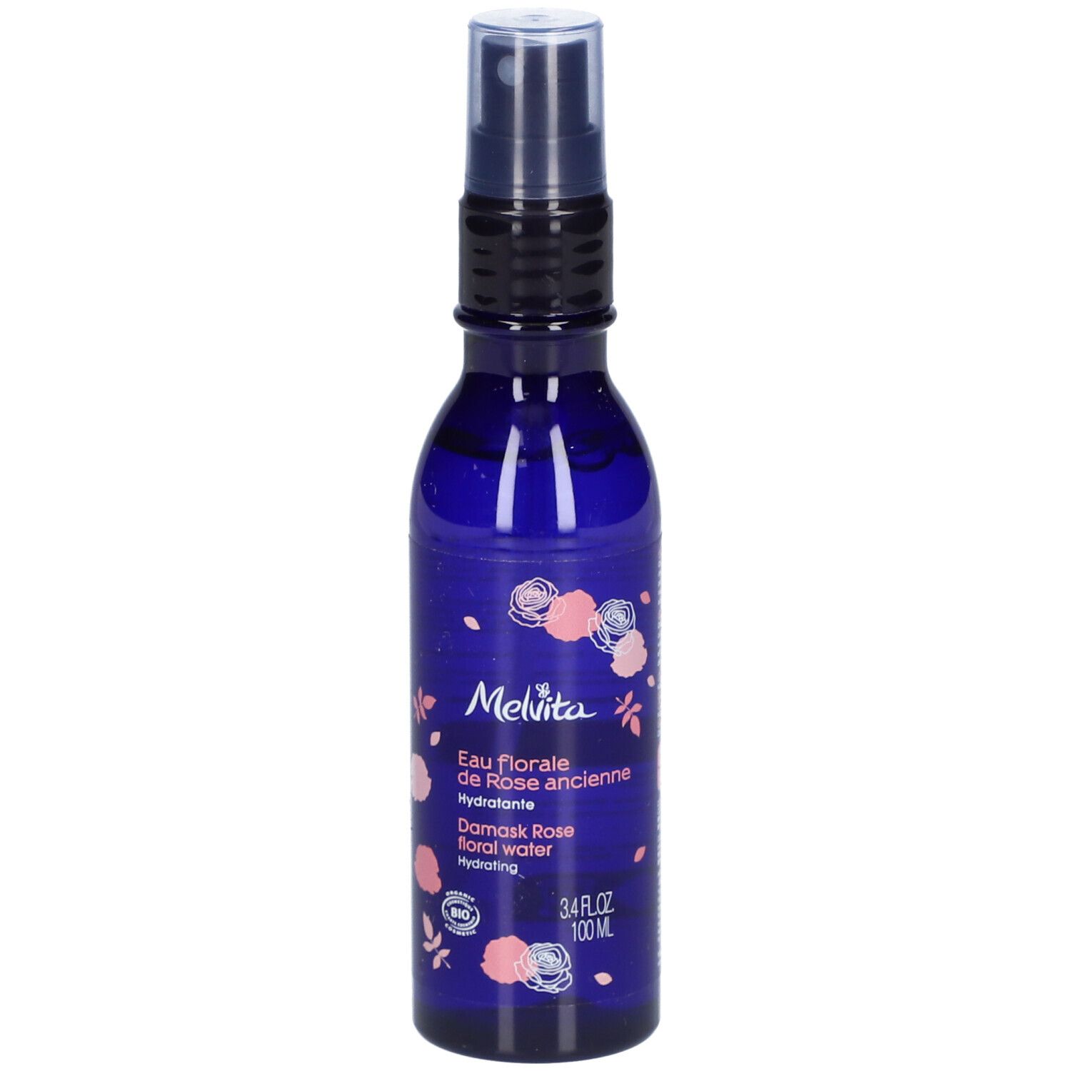 Blaue Flasche mit Sprühkopf. Aufschrift: Melvita, Eau florale de Rose ancienne, Damask Rose floral water. 3.4 fl oz 100 ml.
