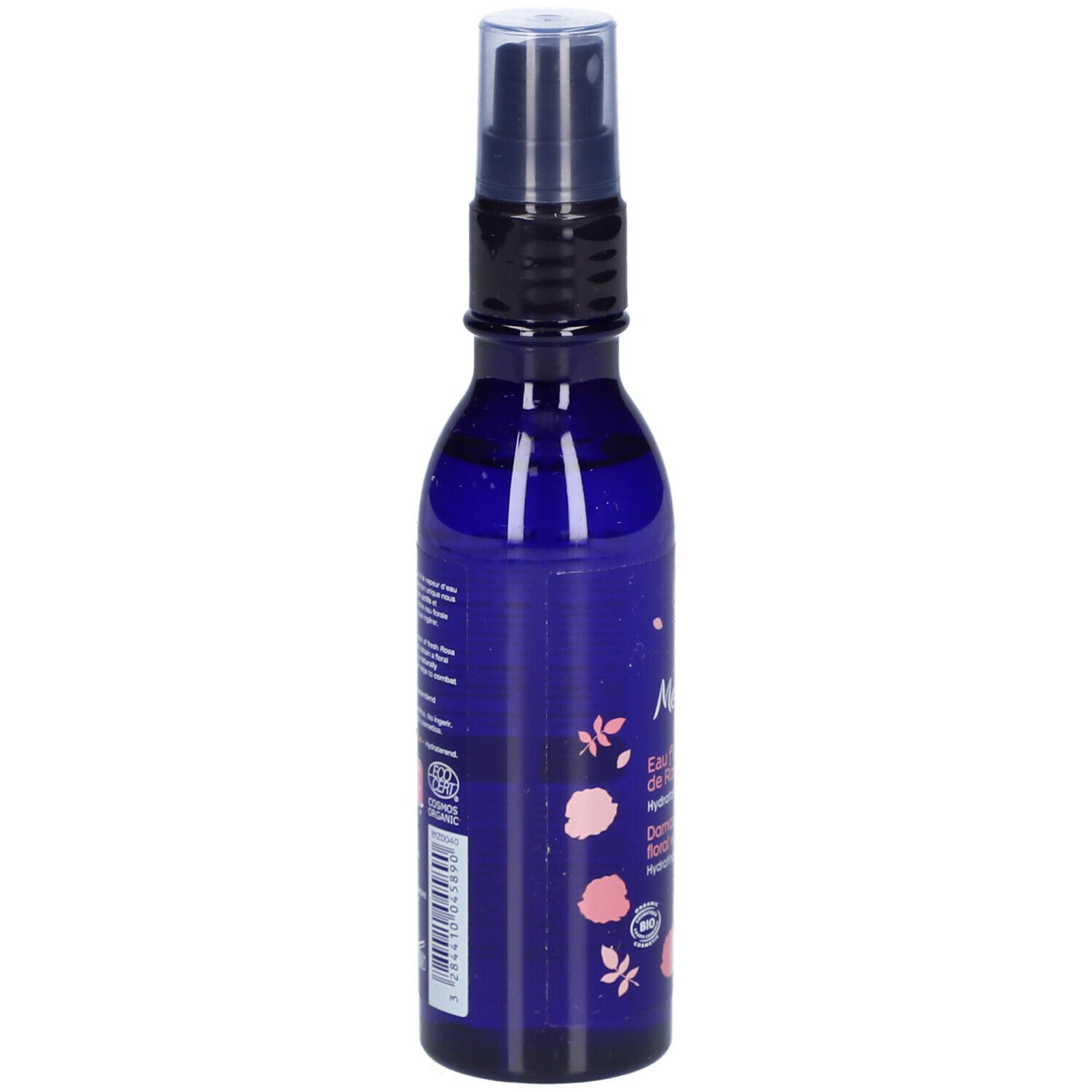 Blaue Flasche mit Sprühkopf. Auf der Seite Text und Logo. Aufschrift: Melvita, Eau florale de Rose ancienne, Damask Rose floral water.