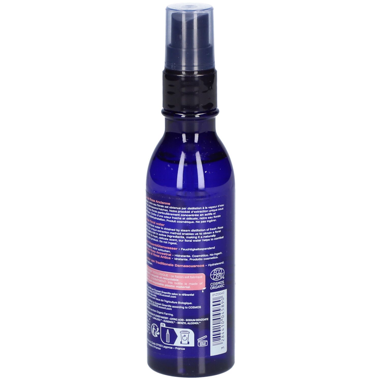 Blaue Flasche mit Sprühkopf. Rückseite mit Text. Aufschrift: Melvita, Eau florale de Rose ancienne, Damask Rose floral water. Bio-Zertifizierung.