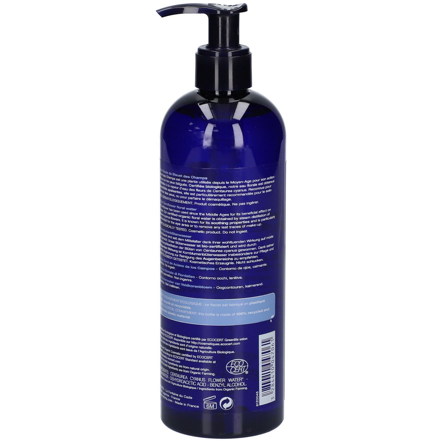 Blaue Flasche mit Pumpverschluss. Rückseite mit Produktinformationen und Zertifizierungen.