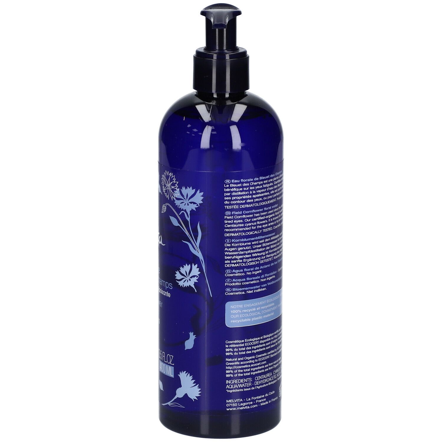 Blaue Flasche mit Pumpverschluss. Rückseite mit Produktinformationen und Zertifizierungen.