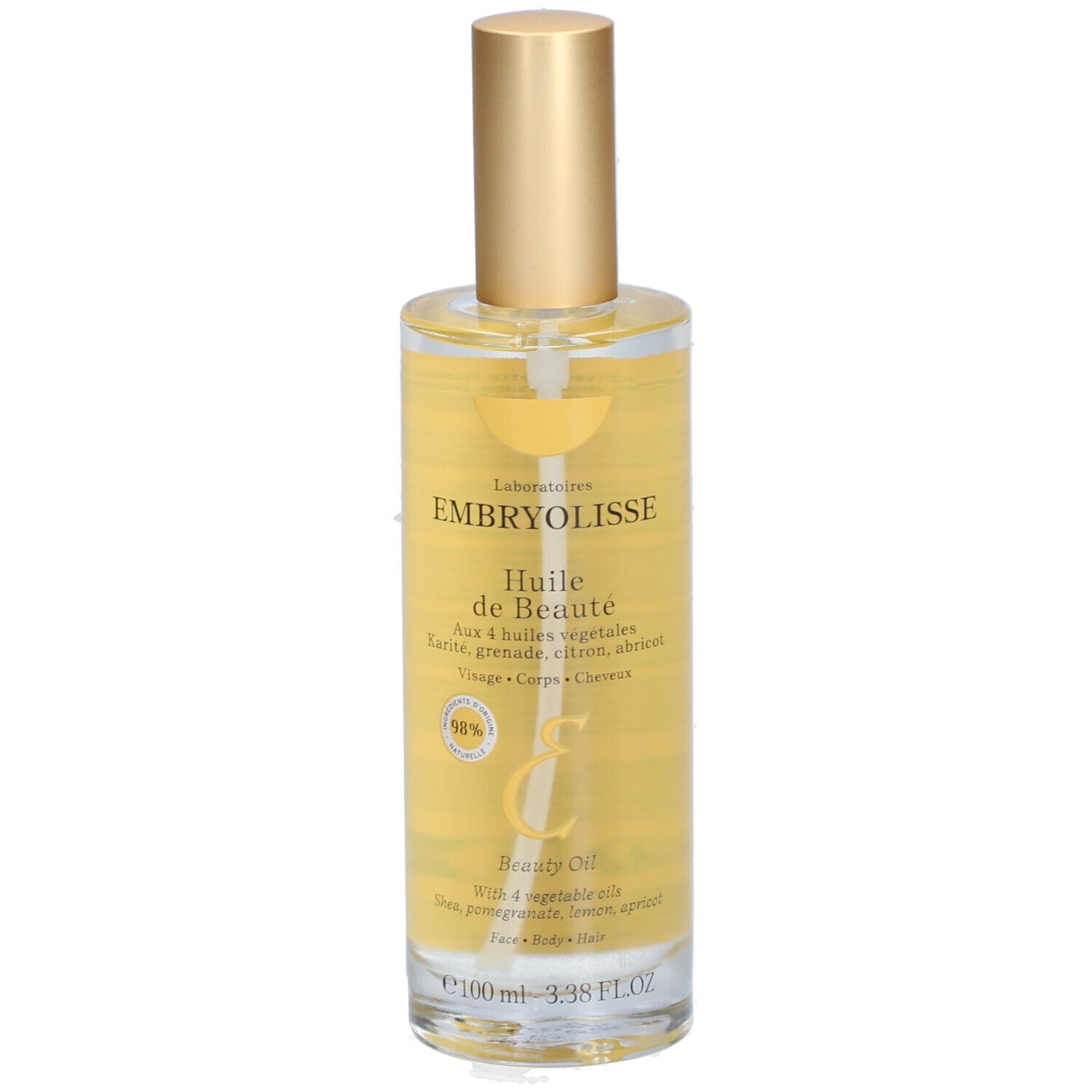 Klare Glasflasche mit goldfarbenem Sprühkopf. Aufschrift: EMBRYOLISSE Huile de Beauté. Enthält 4 Pflanzenöle.