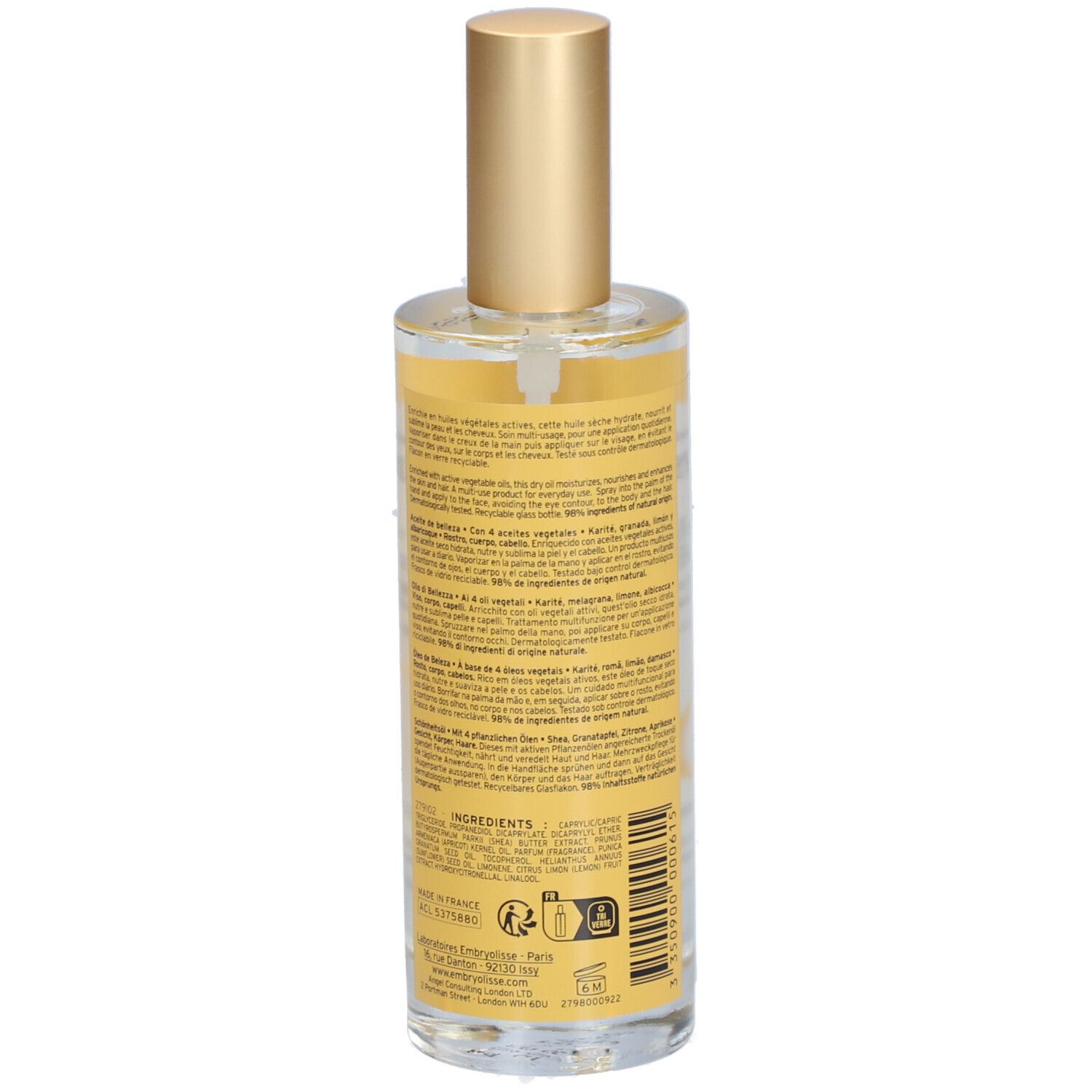 Rückseite der Flasche. Text in mehreren Sprachen. Zutatenliste. Herstellerinformationen. Barcode.