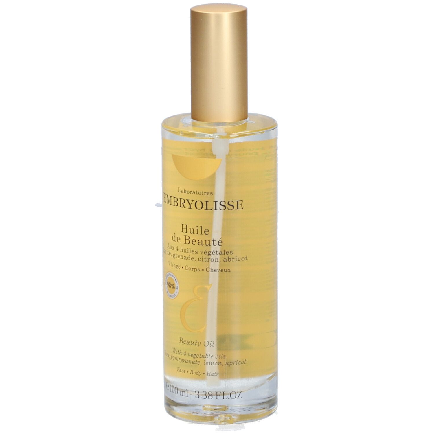 Klare Glasflasche mit goldfarbenem Sprühkopf. Aufschrift: EMBRYOLISSE Huile de Beauté. Enthält 4 Pflanzenöle.
