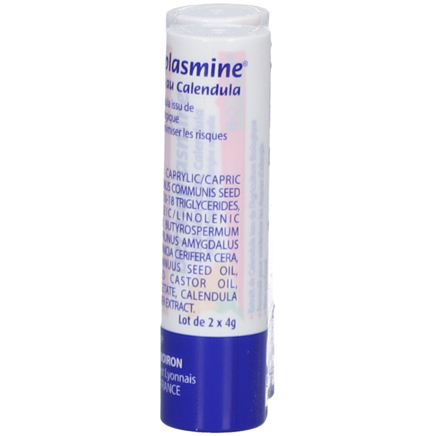 Lippenpflegestift mit Calendula. Weißer Stift mit blauer Kappe. Text: Dermoplasmine, Inhaltsstoffe, Lot de 2 x 4g.