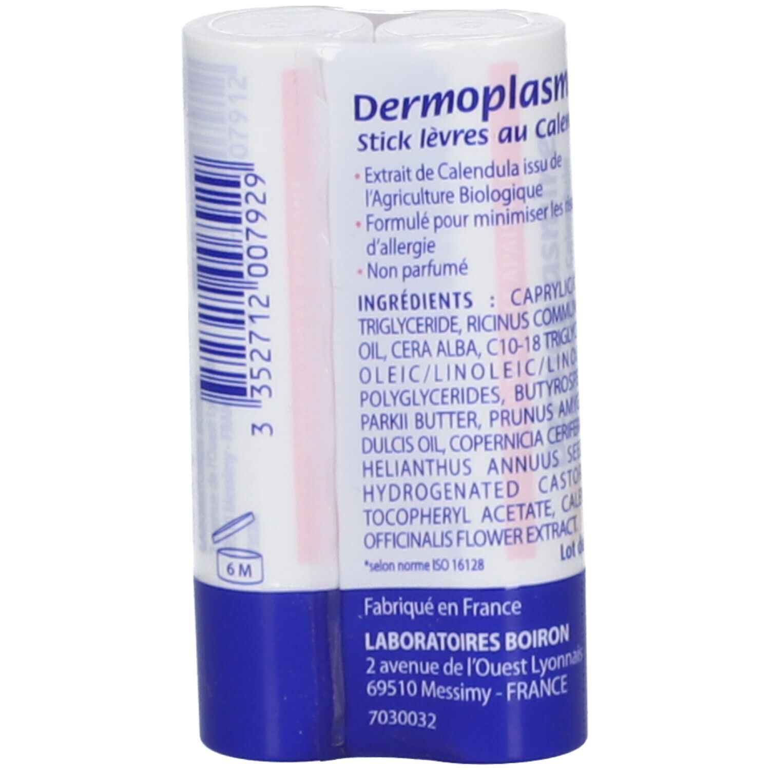 Verpackung von zwei Lippenpflegestiften. Weiß mit blauer Basis. Text: Dermoplasmine, Inhaltsstoffe, Fabriqué en France.