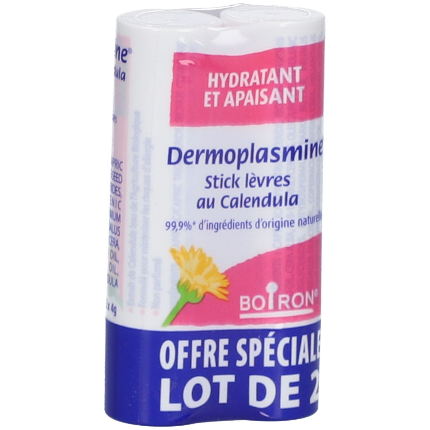 Verpackung von zwei Lippenpflegestiften. Weiß mit rosa und blauer Beschriftung. Text: Dermoplasmine, Lot de 2, Boiron.