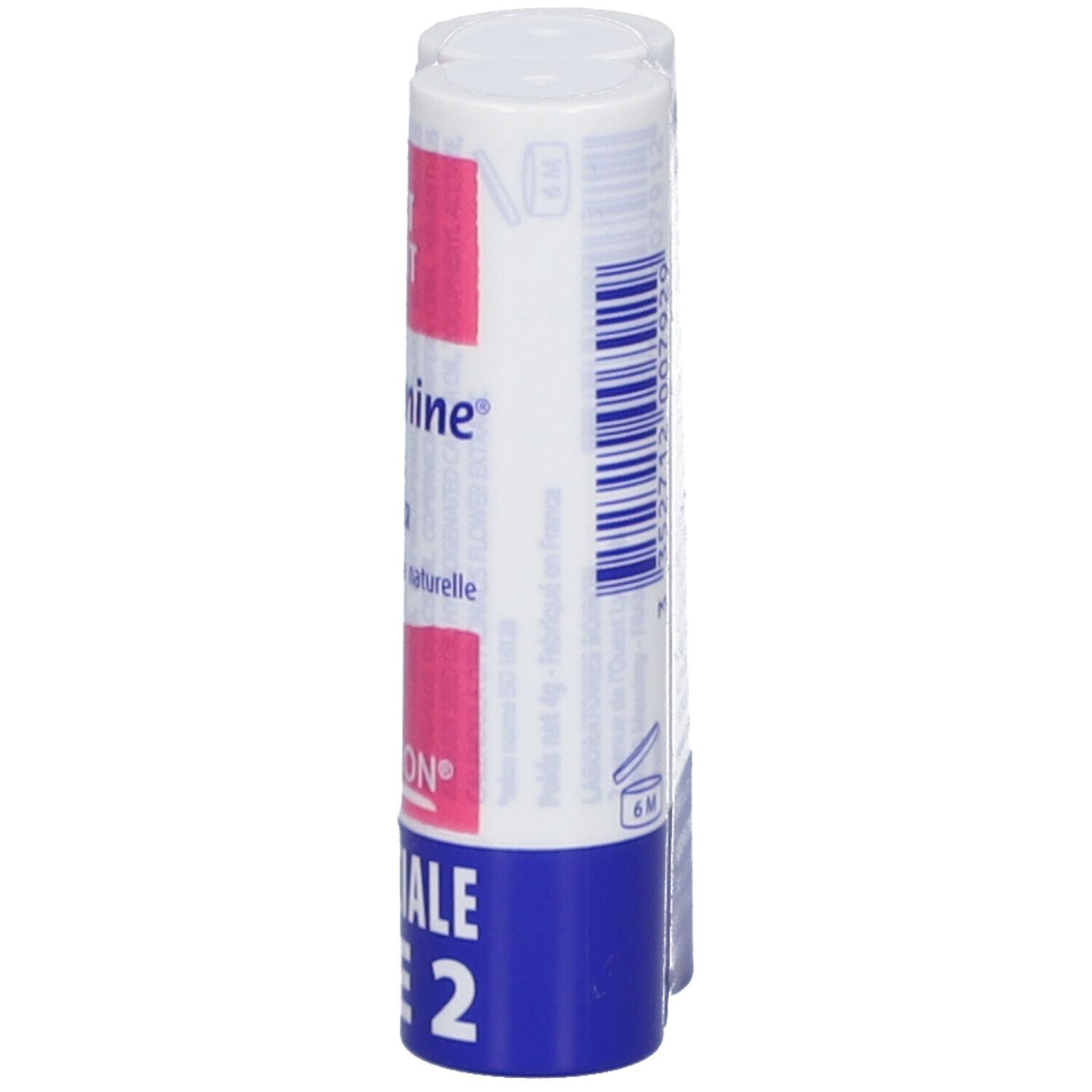 Verpackung von zwei Lippenpflegestiften. Weiß mit rosa und blauer Beschriftung. Text: Dermoplasmine, Lot de 2, Boiron.