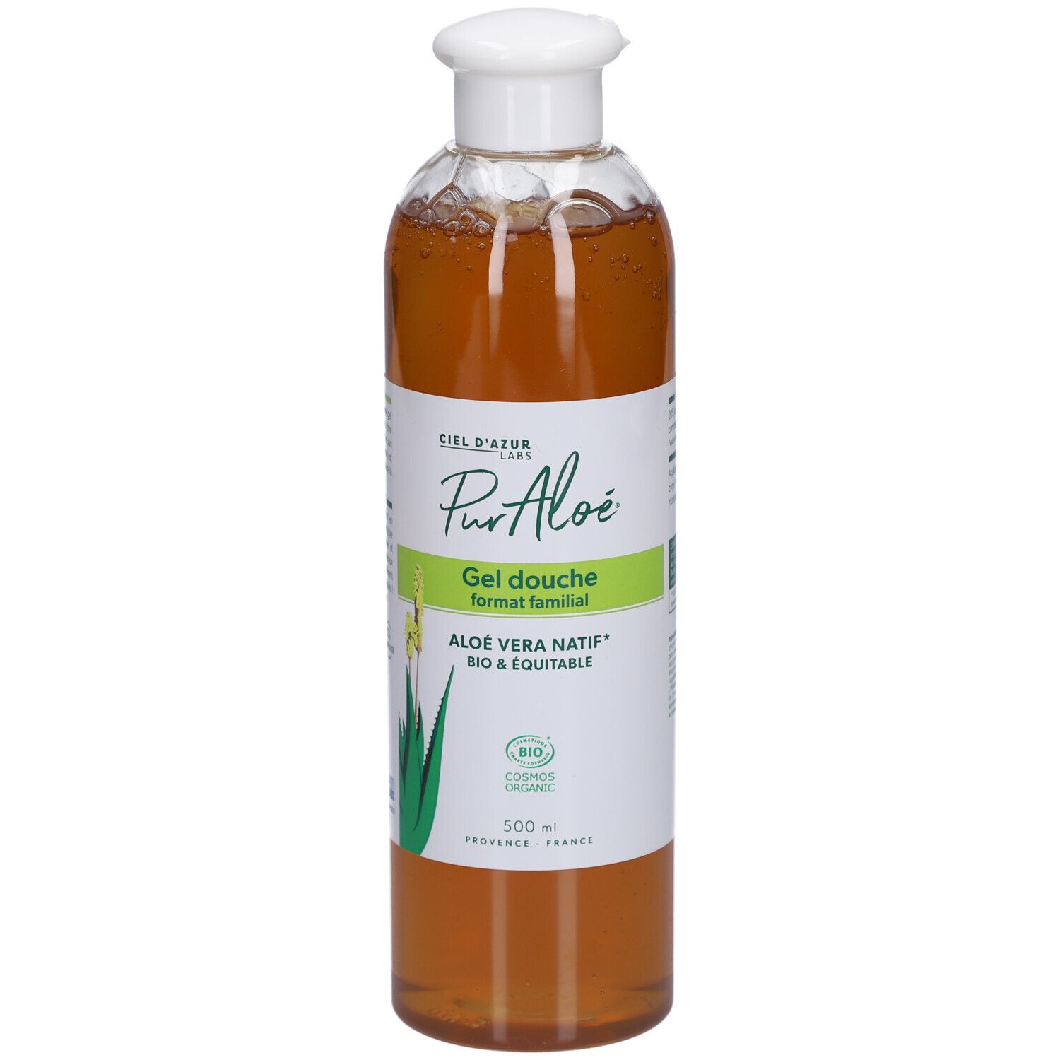 Klare Flasche mit weißem Deckel. Etikett mit Schriftzug PurAloé, Gel Douche Familial, Aloe Vera Natif. Bio-Zertifizierung.