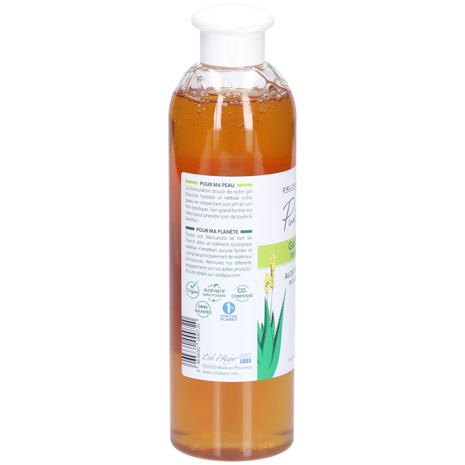 Rückansicht einer transparenten Flasche mit weißem Deckel. Etikett mit Text über Inhaltsstoffe und Umweltaspekte. Bio-Zertifizierung.