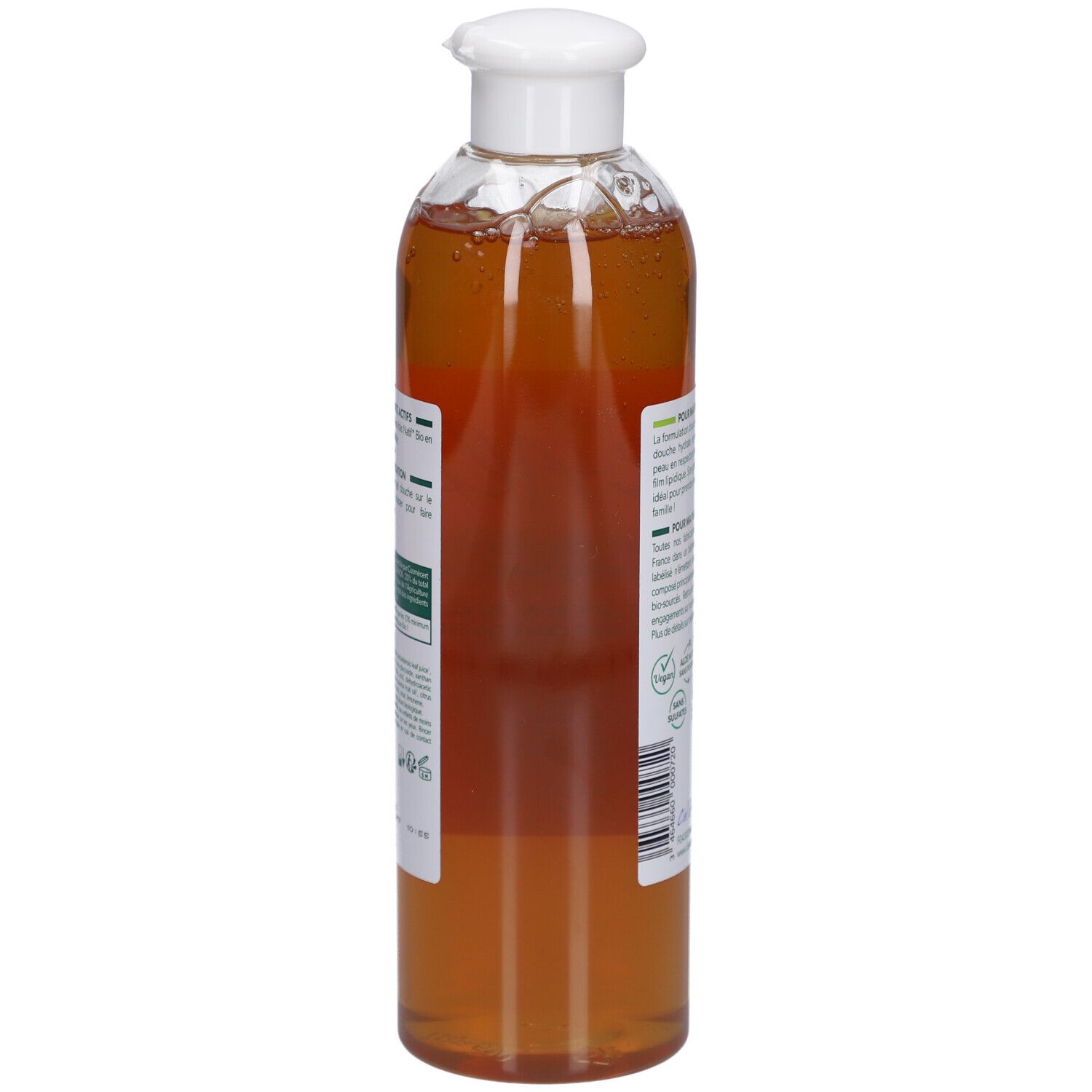 Rückansicht einer transparenten Flasche mit weißem Deckel. Etikett mit Text über Inhaltsstoffe und Umweltaspekte. Bio-Zertifizierung.