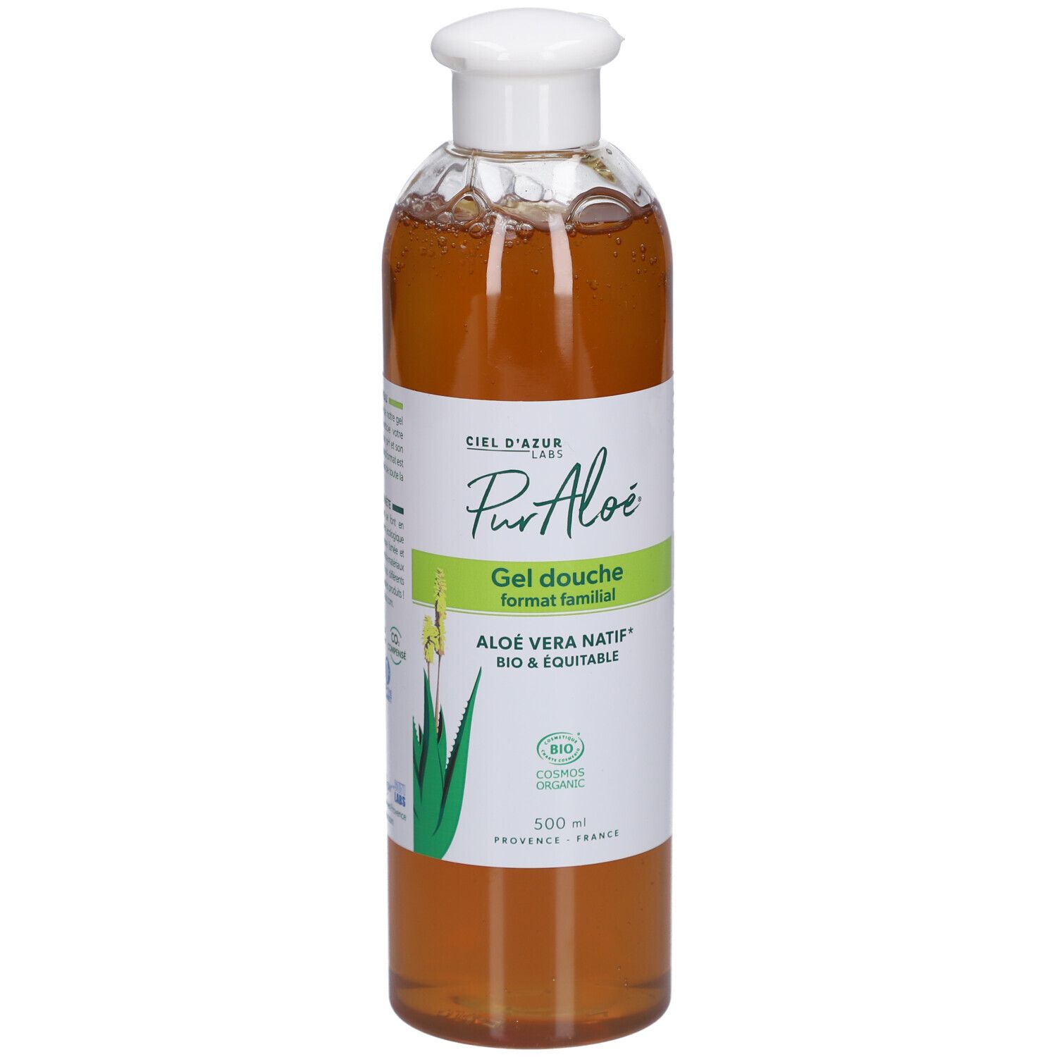 Klare Flasche mit weißem Deckel. Etikett mit Schriftzug PurAloé, Gel Douche Familial, Aloe Vera Natif. Bio-Zertifizierung.