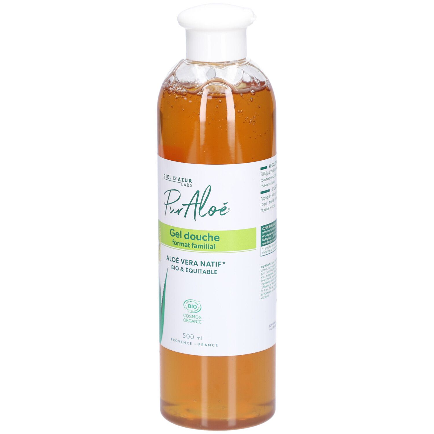 Klare Flasche mit weißem Deckel. Etikett mit Schriftzug PurAloé, Gel Douche Familial, Aloe Vera Natif. Bio-Zertifizierung.