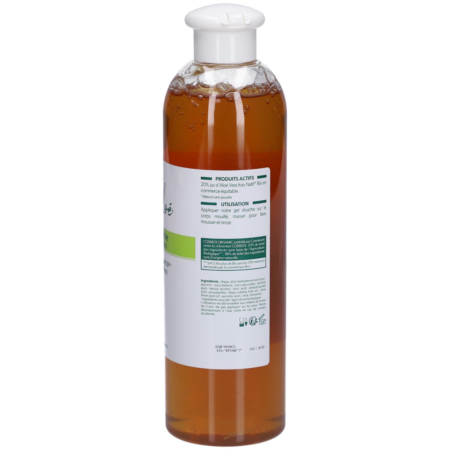 Rückansicht einer transparenten Flasche mit weißem Deckel. Etikett mit Text über Inhaltsstoffe und Anwendung. Bio-Zertifizierung.
