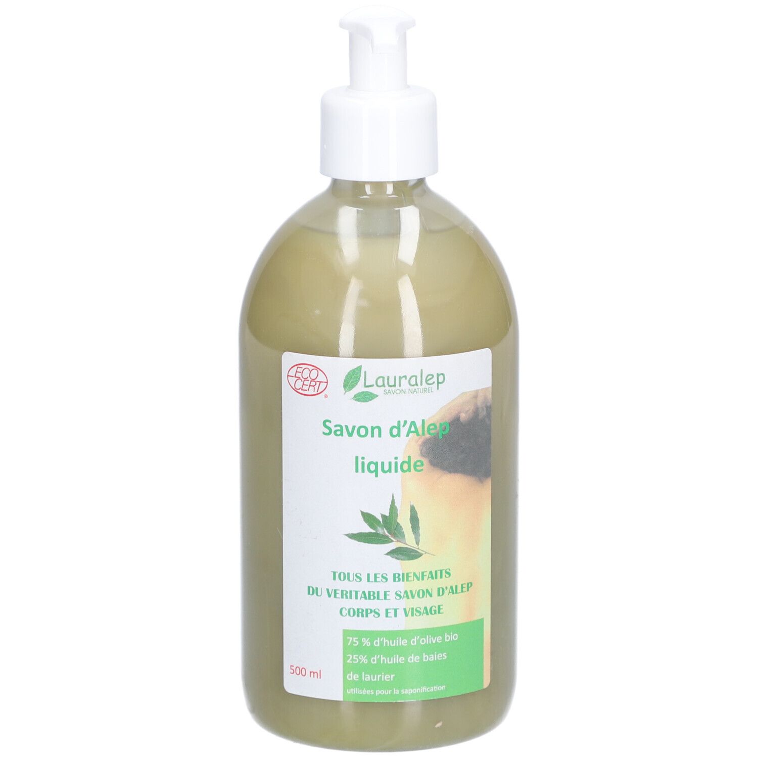 Savon liquide vert en flacon avec pompe. Inscription: Savon d'Alep liquide. Avec label Ecocert.