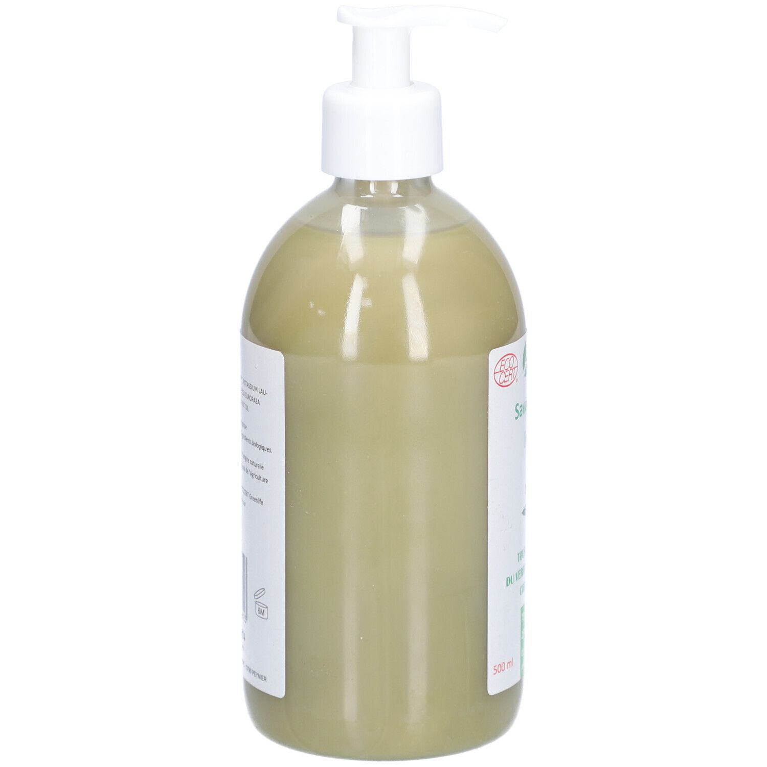 Savon liquide vert en flacon avec pompe. Vue arrière avec étiquette.