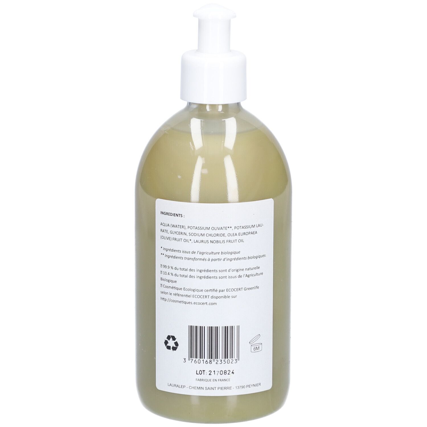 Vue arrière d'un flacon de savon liquide. L'étiquette indique les ingrédients et un code-barres.