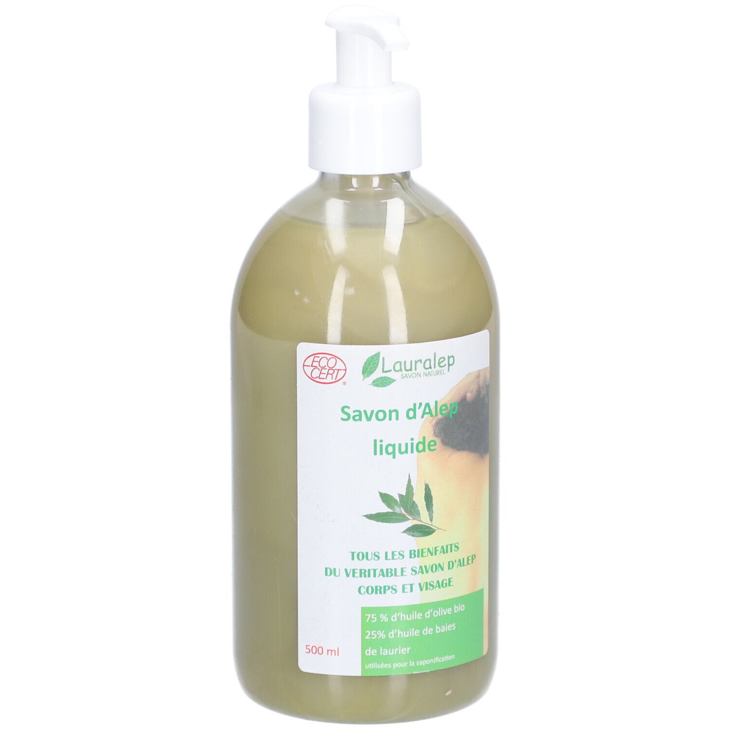Savon liquide vert en flacon avec pompe. Inscription: Savon d'Alep liquide. Avec label Ecocert.