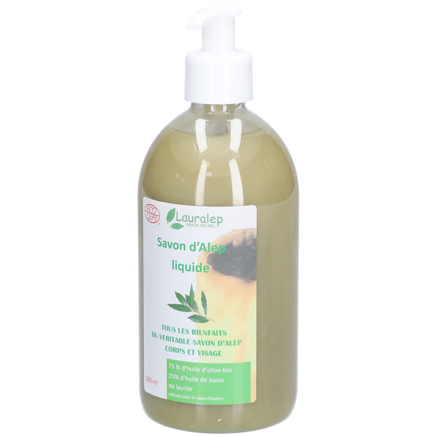 Savon liquide vert en flacon avec pompe. Inscription: Savon d'Alep liquide. Avec label Ecocert.