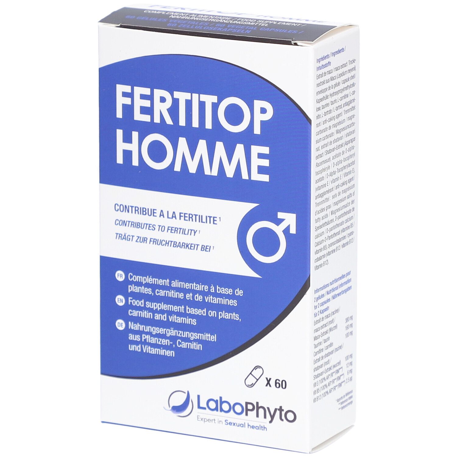 Boîte "FERTITOP HOMME". Contient 60 gélules. Logo LaboPhyto.