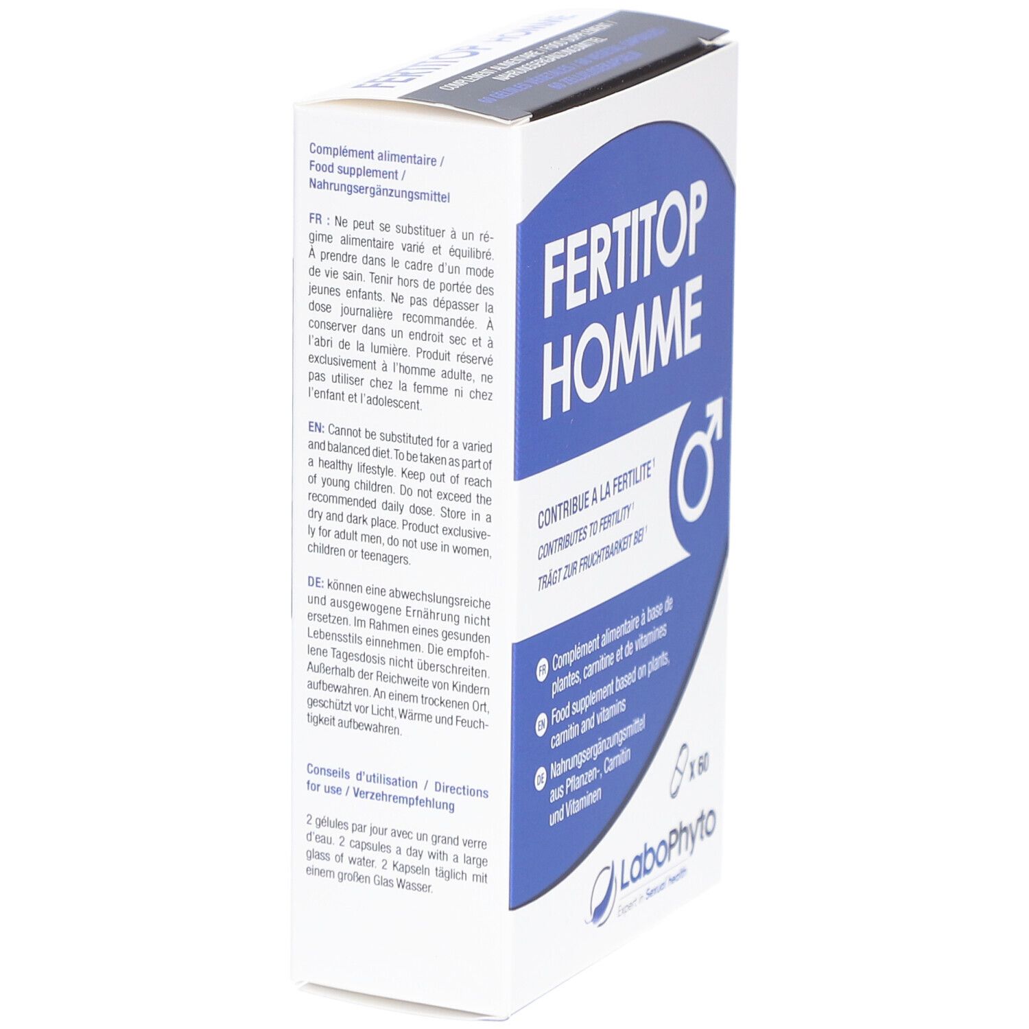 Boîte "FERTITOP HOMME" avec texte en français, anglais et allemand. Logo LaboPhyto.