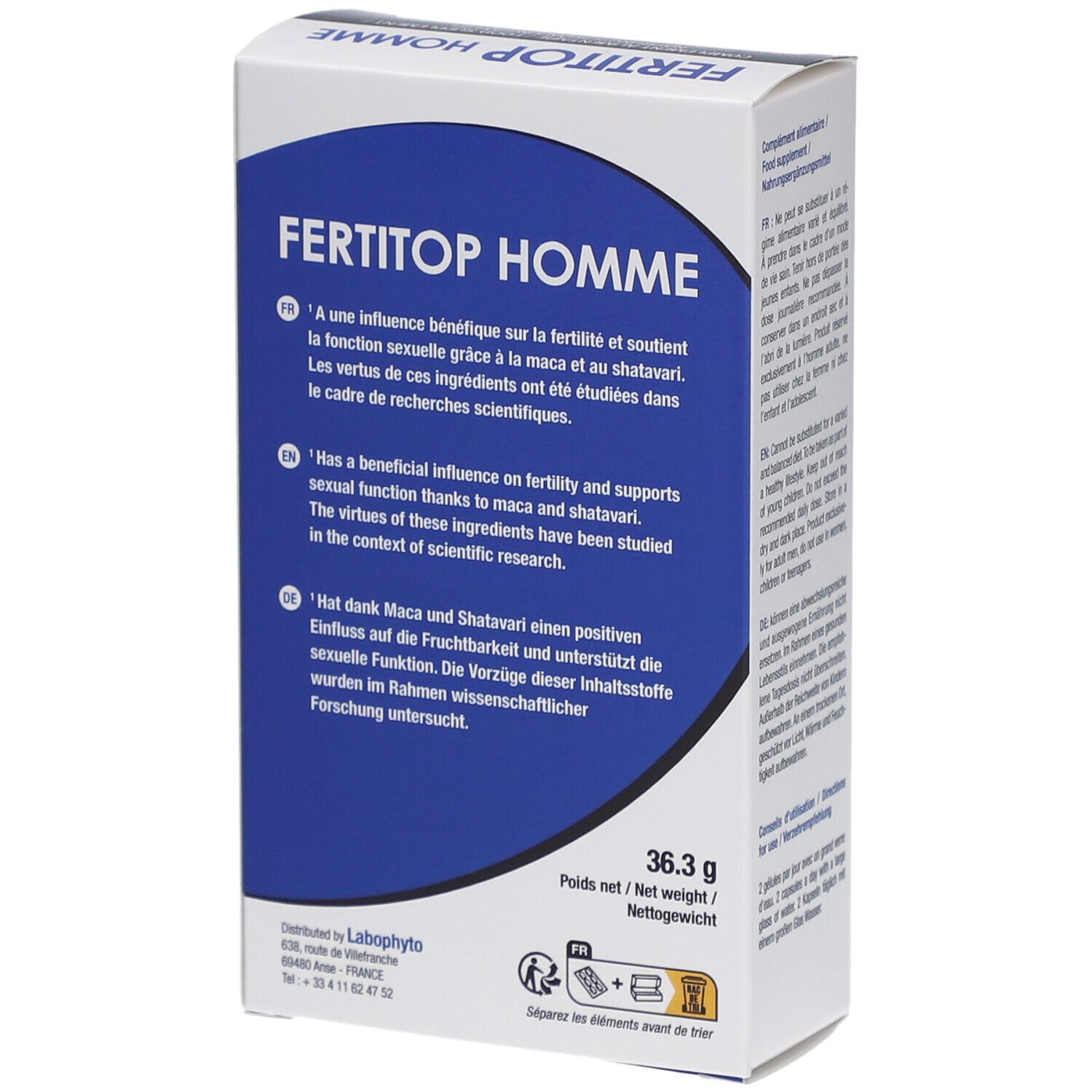 Dos de la boîte "FERTITOP HOMME". Texte en français, anglais et allemand. Poids : 36,3 g.