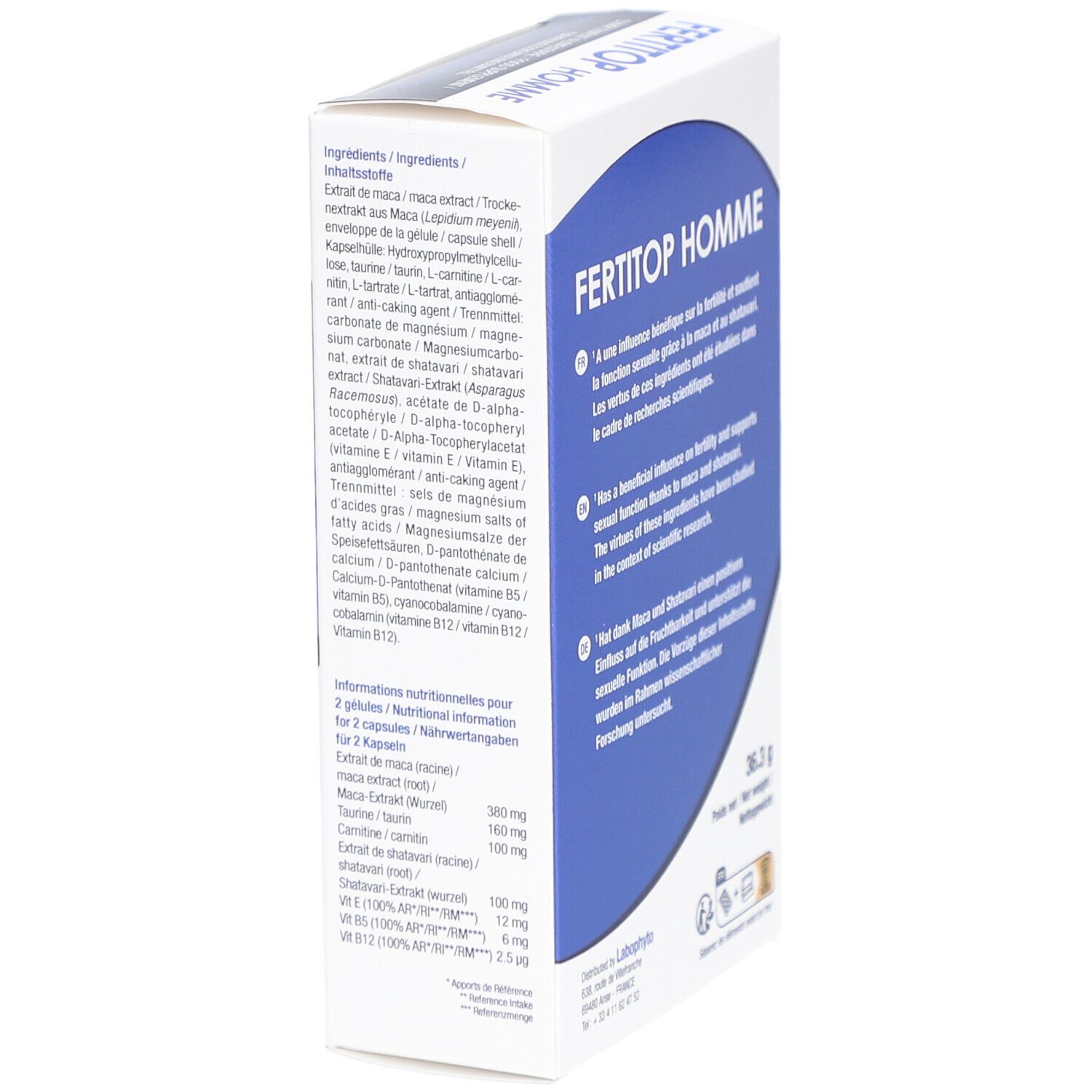 Boîte "FERTITOP HOMME". Liste des ingrédients et informations nutritionnelles. Logo LaboPhyto.