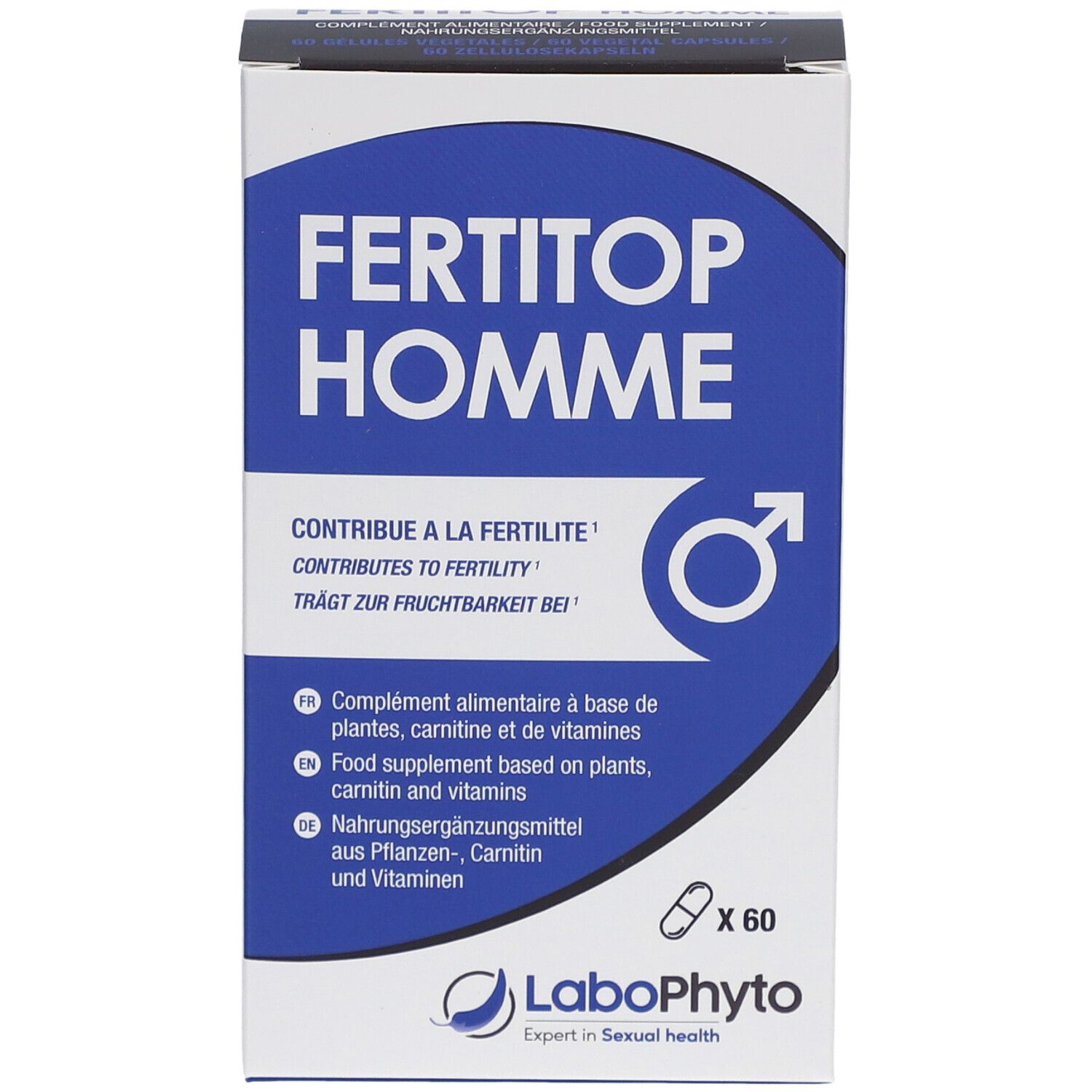 Boîte "FERTITOP HOMME". Contient 60 gélules. Logo LaboPhyto.