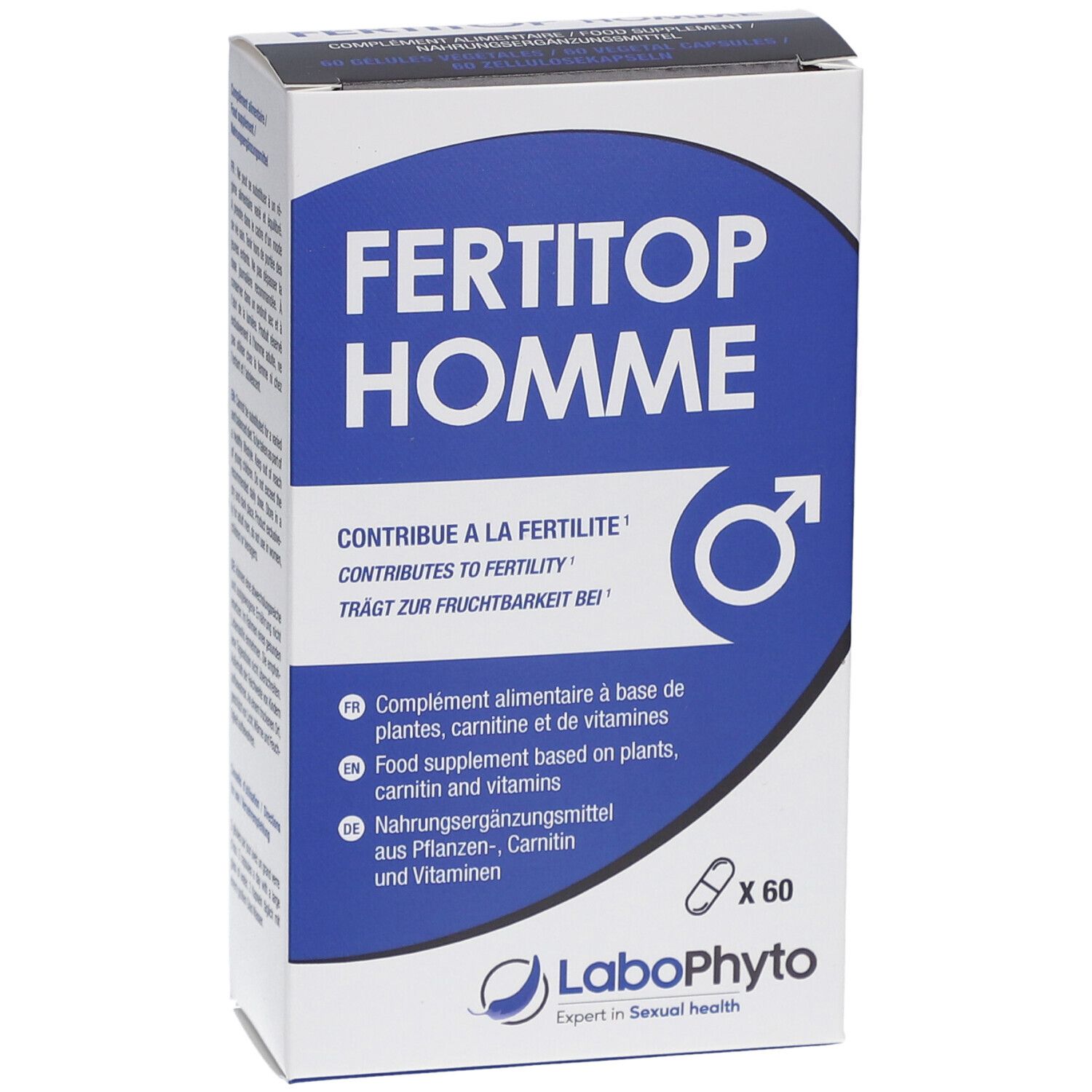 Boîte "FERTITOP HOMME". Contient 60 gélules. Logo LaboPhyto.