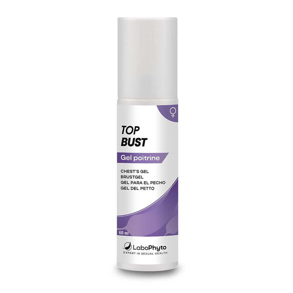 Weiß-lila Flasche mit Produktnamen TOP BUST. Text: Gel poitrine, Brustgel, Gel para el pecho, Gel del petto. Marke LaboPhyto.