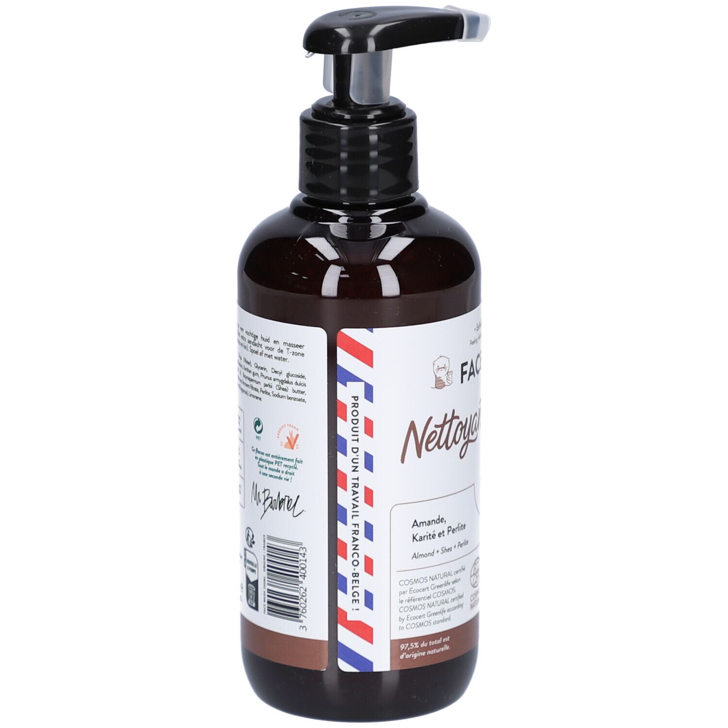 Braune Flasche mit schwarzem Pumpkopf. Aufschrift: Nettoyant Exfoliant. Produkt aus Frankreich. Zertifizierung: Cosmos Natural.