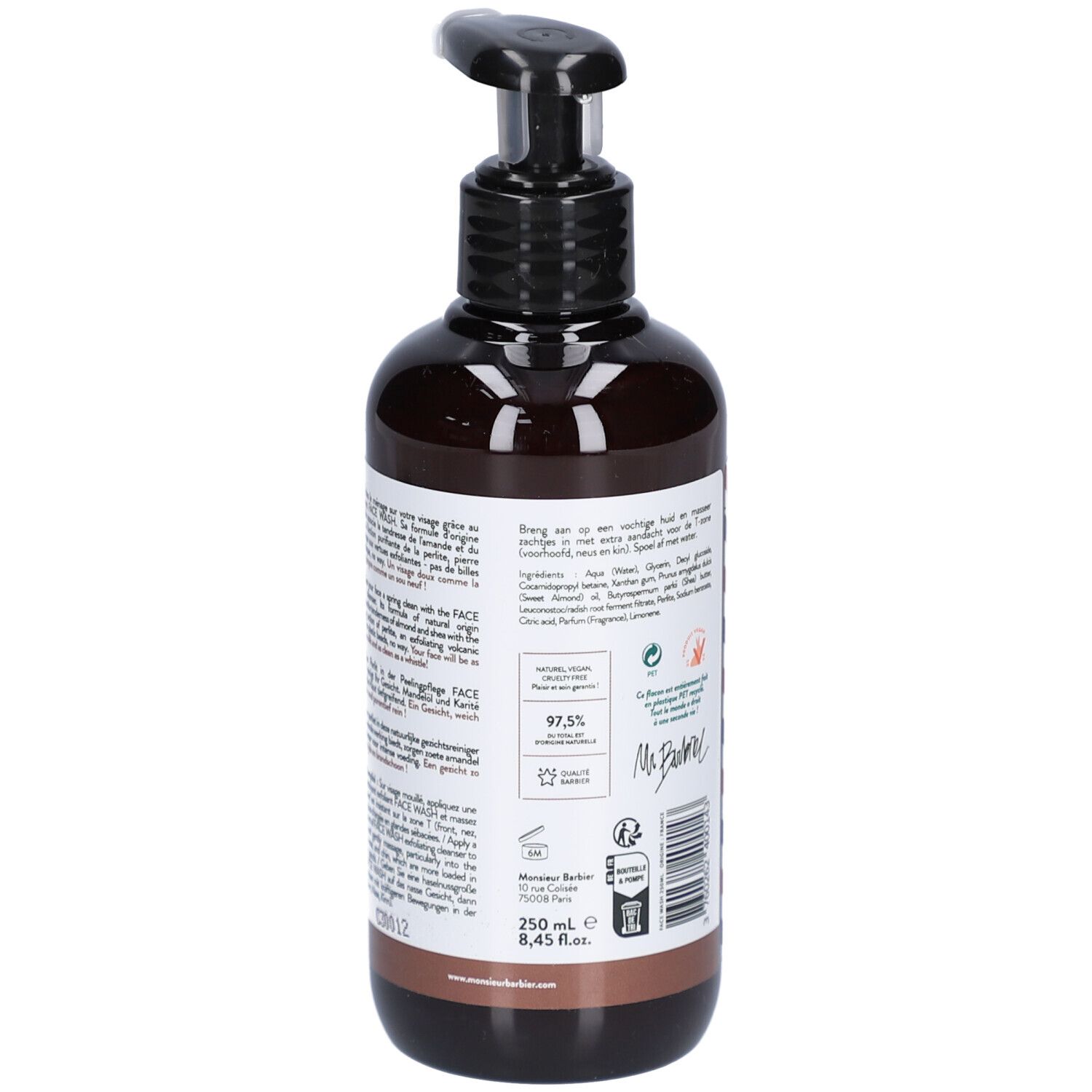Braune Flasche mit schwarzem Pumpkopf. Rückseite mit Text. Volumen: 250 ml. Zertifizierungen und Adresse des Herstellers.