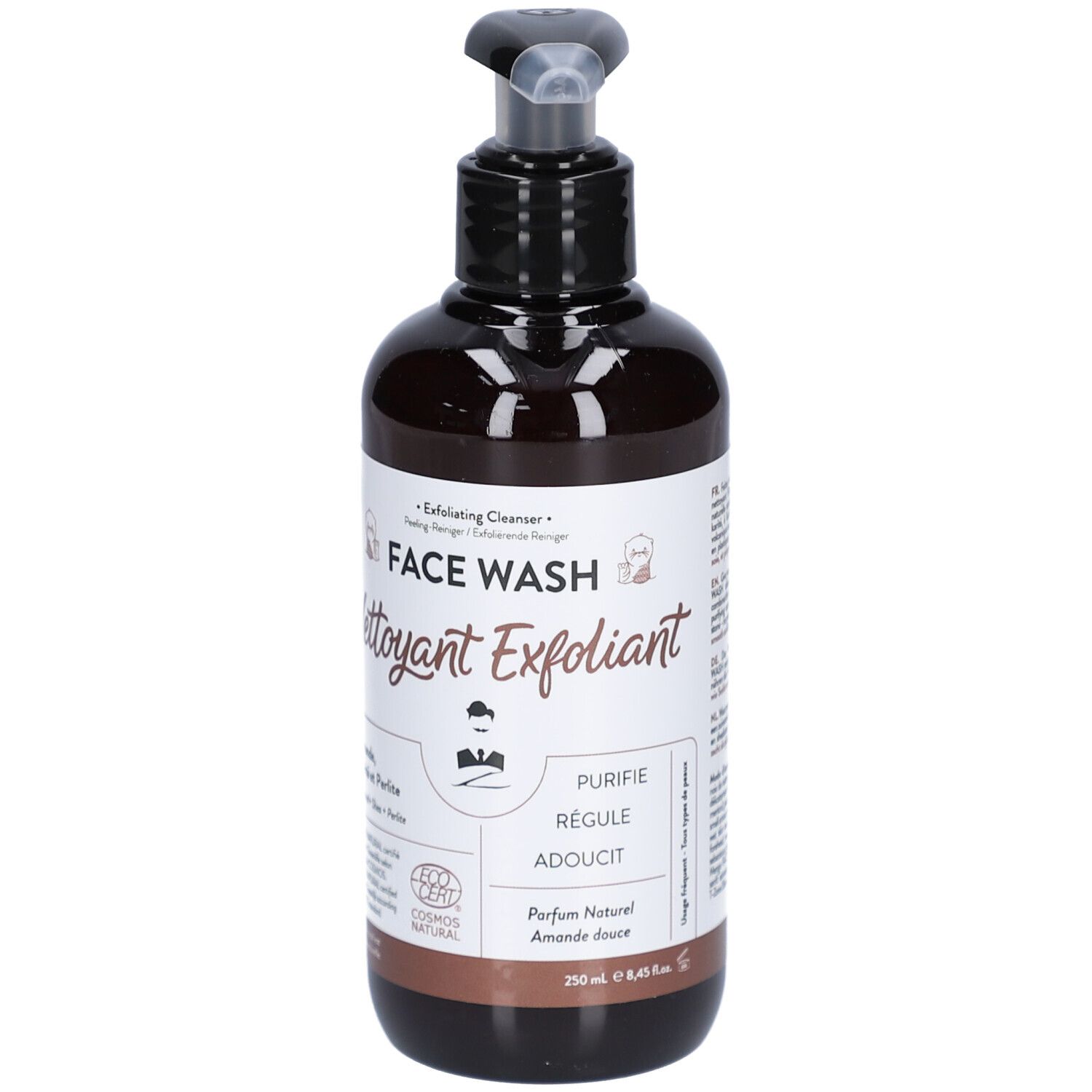 Braune Flasche mit schwarzem Pumpkopf. Aufschrift: Face Wash, Nettoyant Exfoliant. Zertifizierung: Cosmos Natural. Volumen: 250 ml.