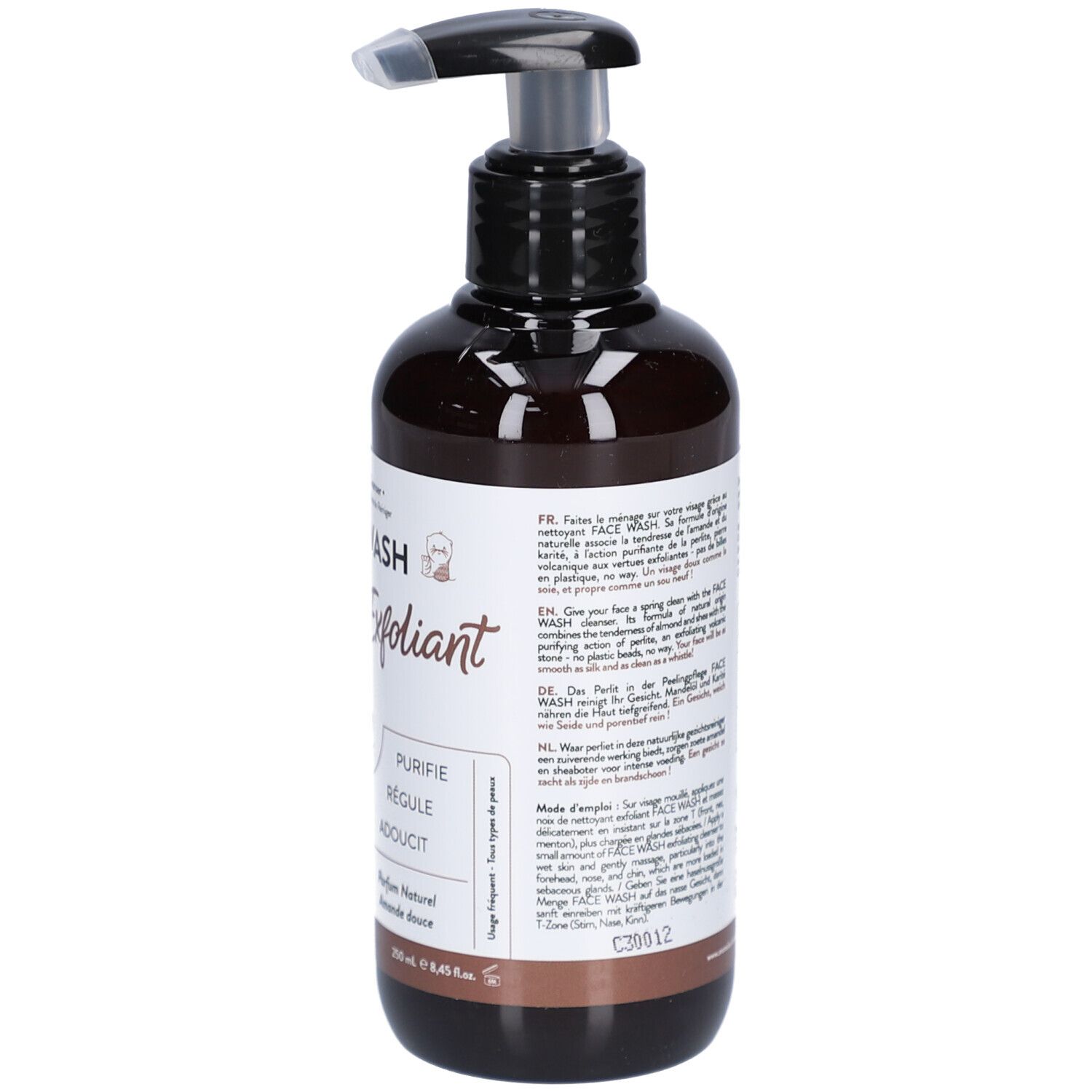 Braune Flasche mit schwarzem Pumpkopf. Aufschrift: Face Wash, Nettoyant Exfoliant. Text in Französisch und Englisch.