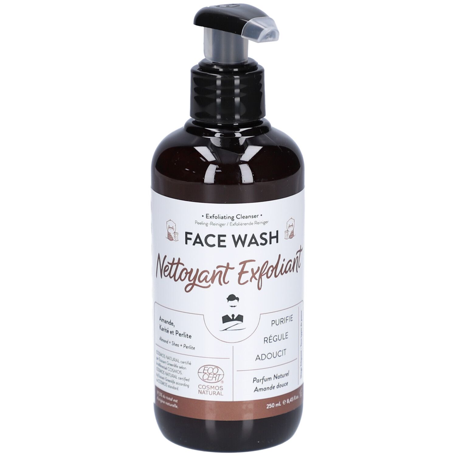 Braune Flasche mit schwarzem Pumpkopf. Aufschrift: Face Wash, Nettoyant Exfoliant. Zertifizierung: Cosmos Natural. Volumen: 250 ml.