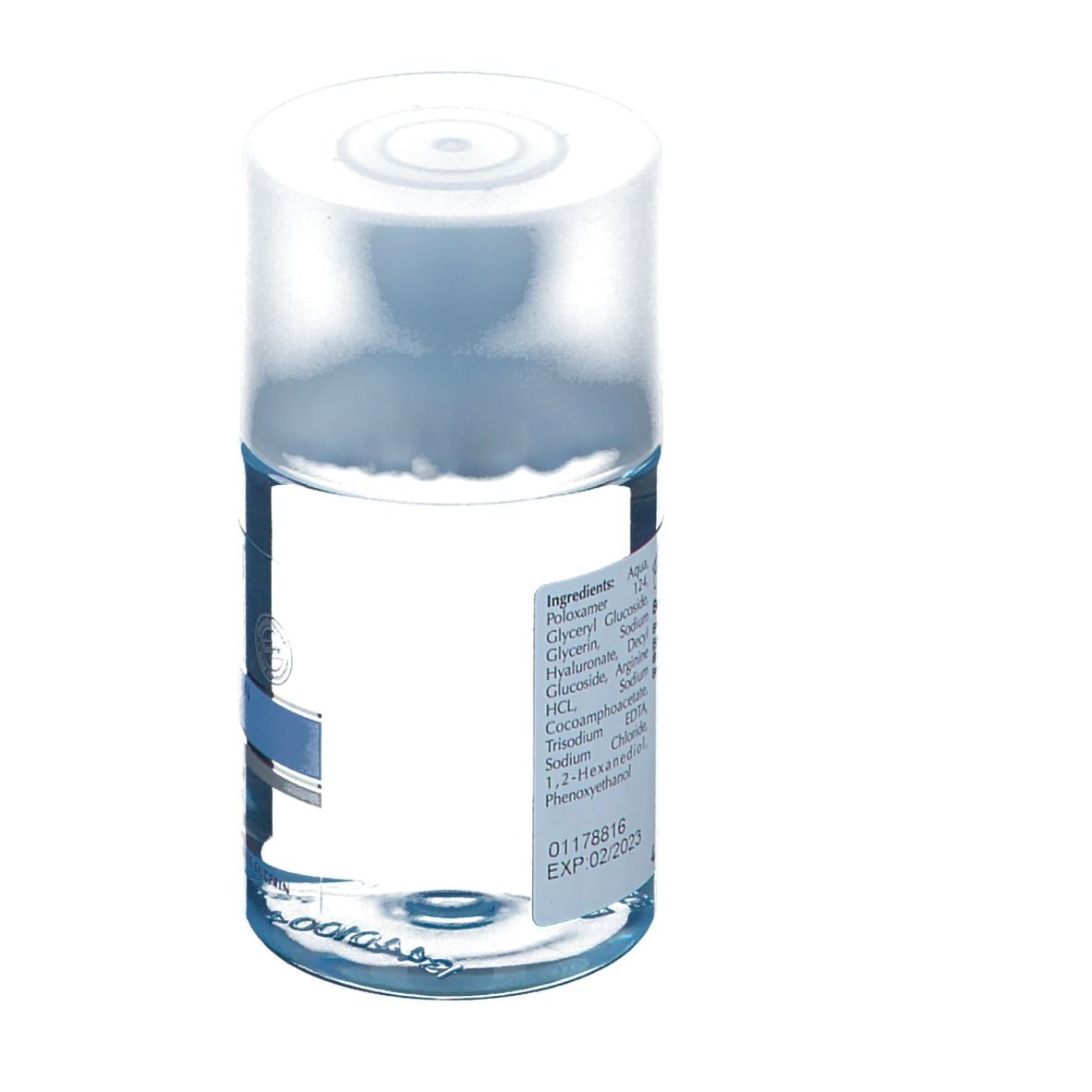 Transparente Flasche mit blauer Flüssigkeit. Rückseite mit Produktinformationen und Zutatenliste. Weißer Deckel.