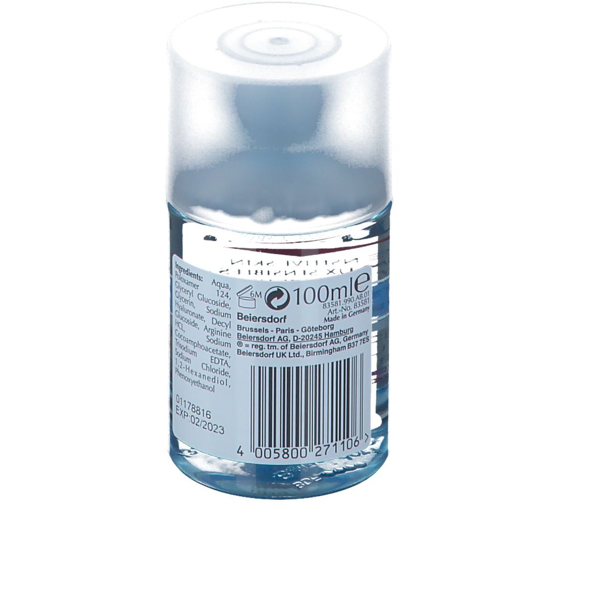 Rückansicht der Flasche mit Produktinformationen und Zutatenliste. Barcode und Volumenangabe 100ml. Weißer Deckel.