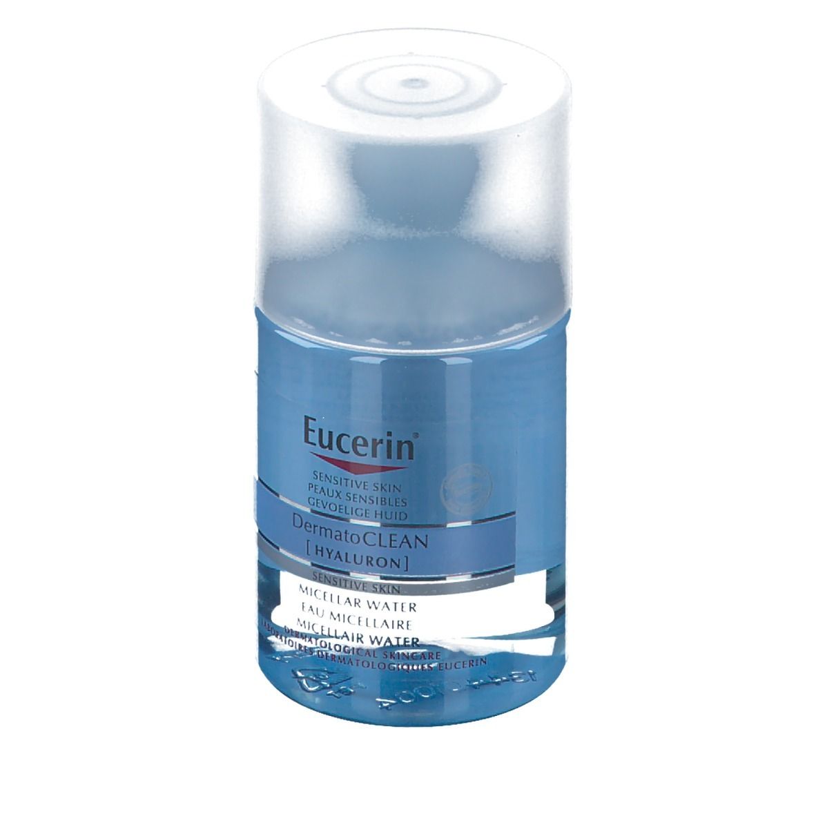 Eucerin DermatoCLEAN [HYALURON] Mizellen-Reinigungsfluid 3 in 1. Blaue Flüssigkeit in einer transparenten Flasche mit weißem Deckel. Produktetikett.