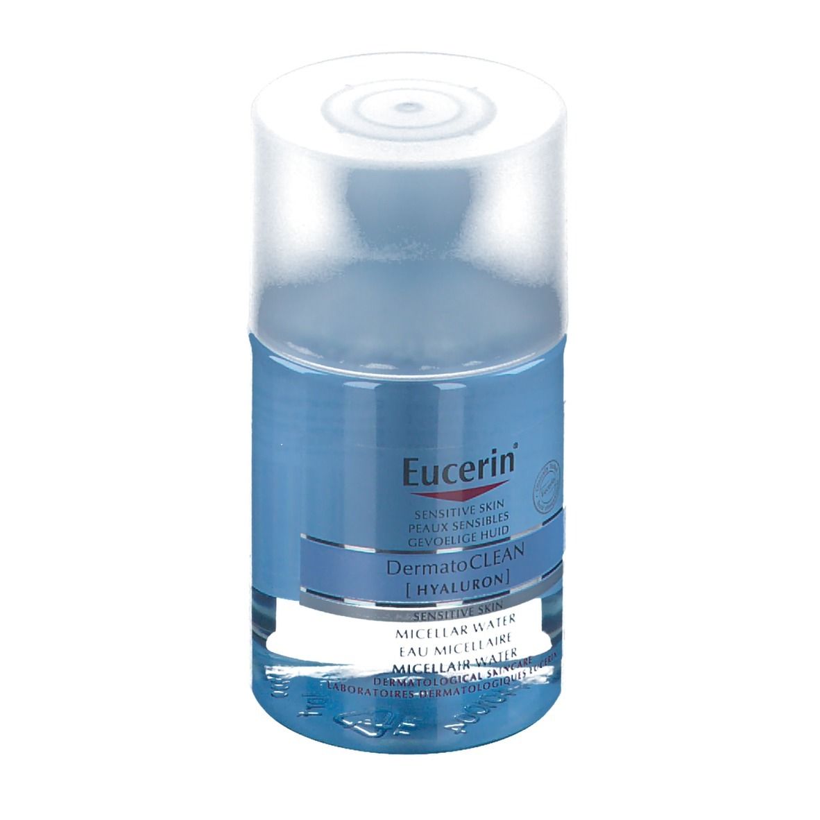 Eucerin DermatoCLEAN [HYALURON] Mizellen-Reinigungsfluid 3 in 1. Blaue Flüssigkeit in einer transparenten Flasche mit weißem Deckel. Produktetikett.