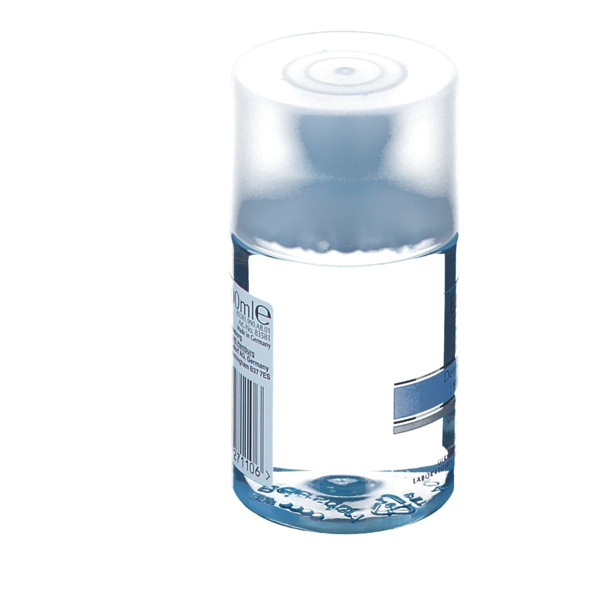 Rückansicht der Flasche mit Produktinformationen. Barcode und Volumenangabe 100ml. Weißer Deckel.