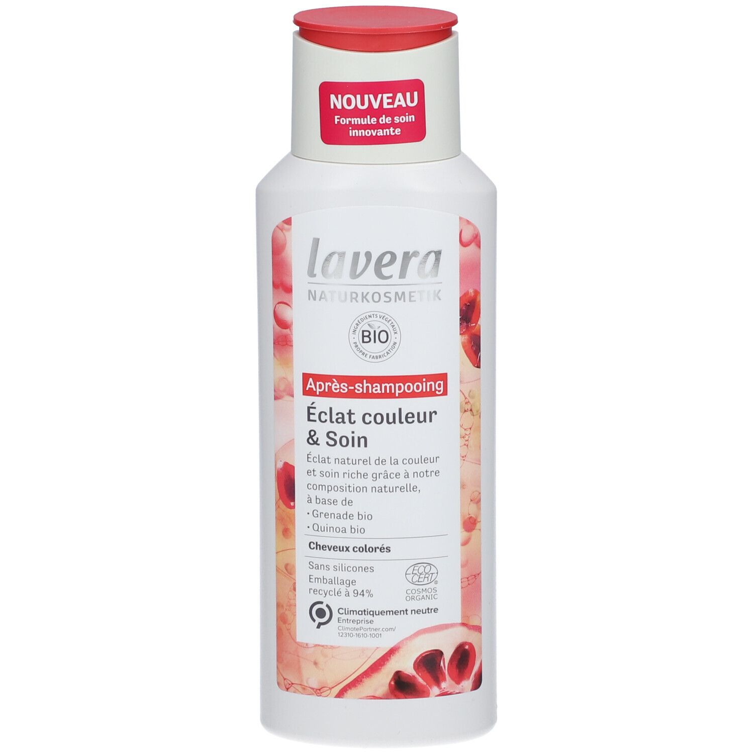 Flasche mit rotem Deckel. Etikett mit Produktnamen, Bio-Siegel und Text. Farbglanz & Pflege Conditioner.
